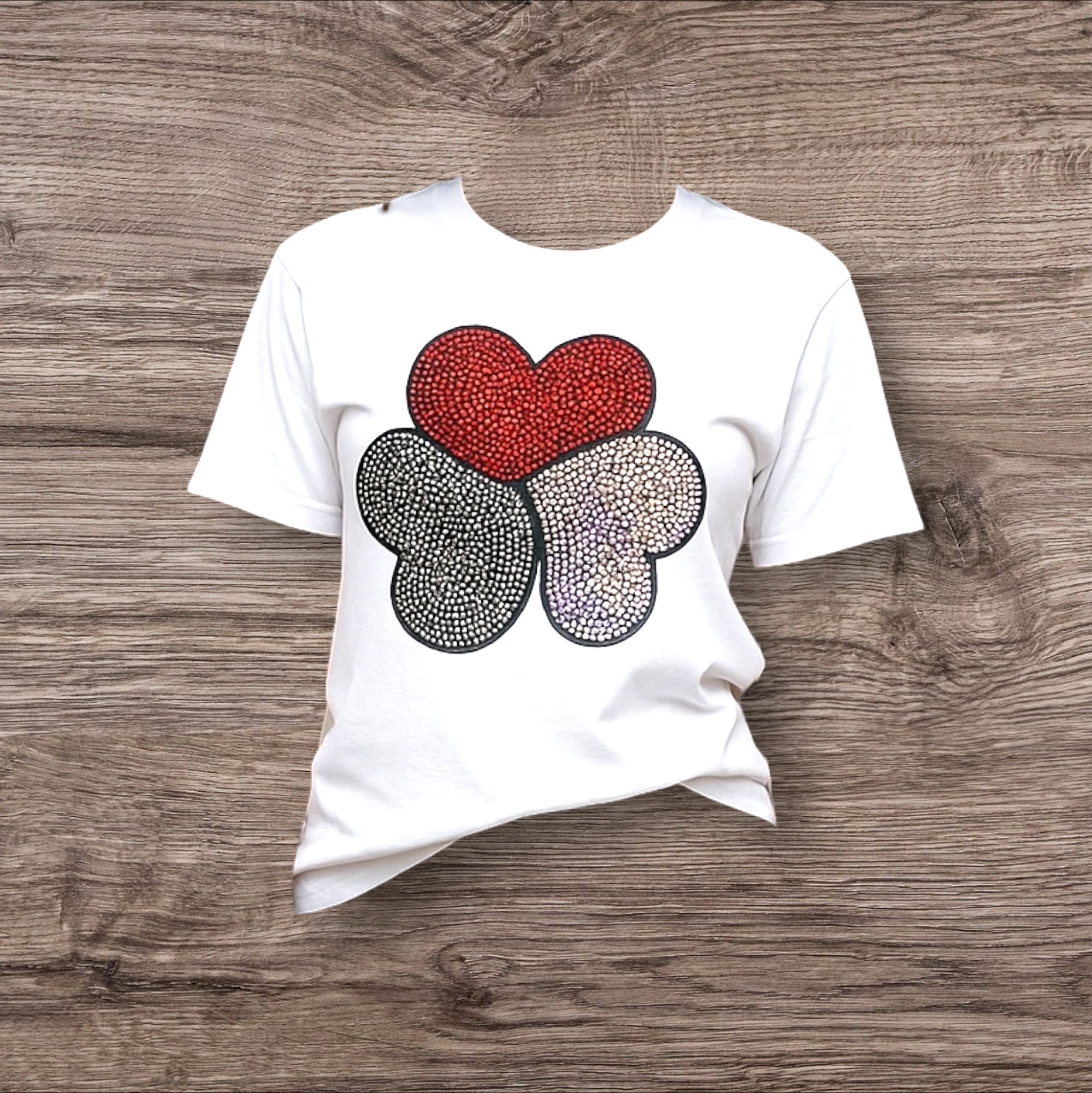 "3 Hearts" - Rhinestones on White