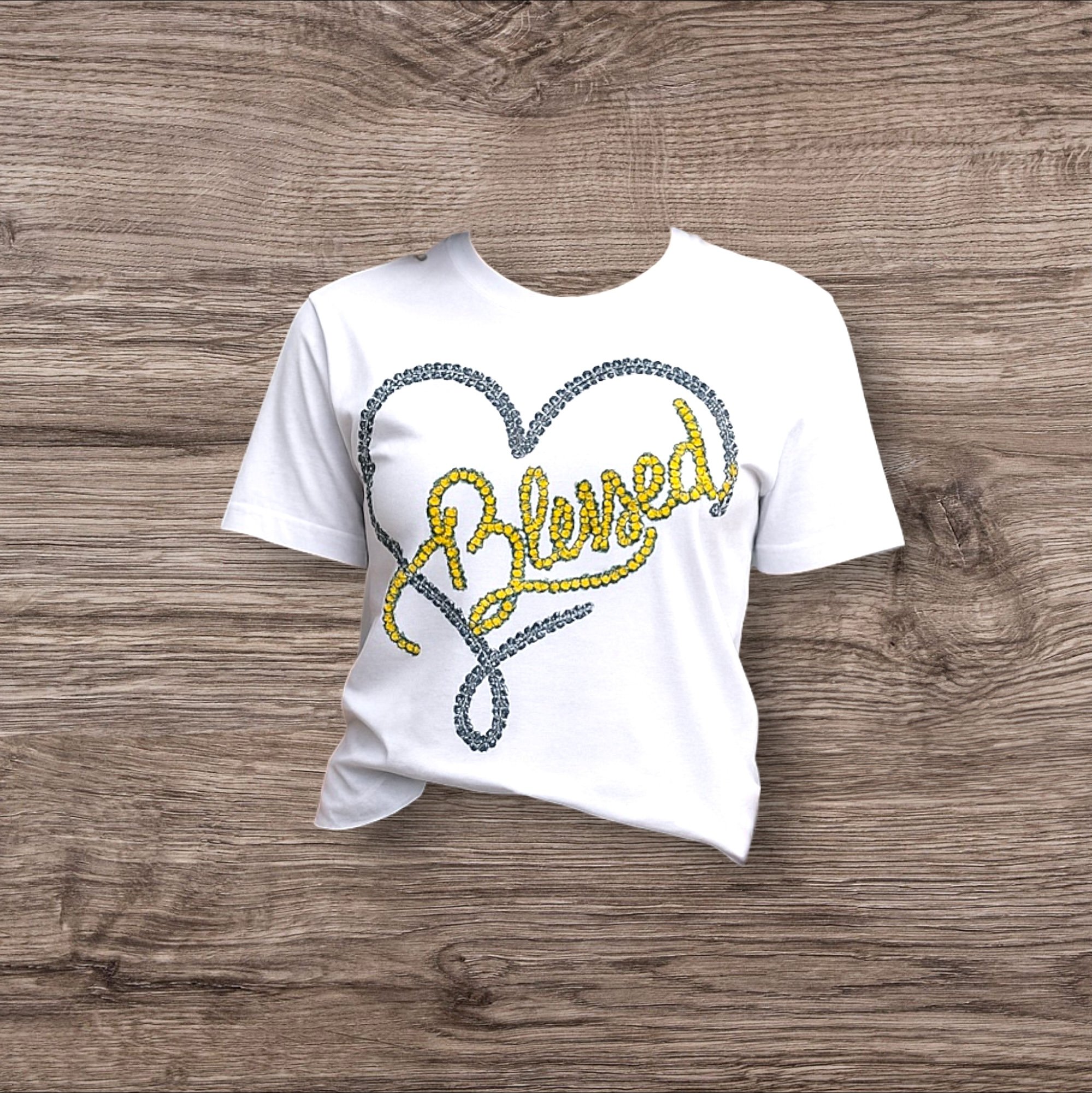 "Blessed" - Rhinestones on white