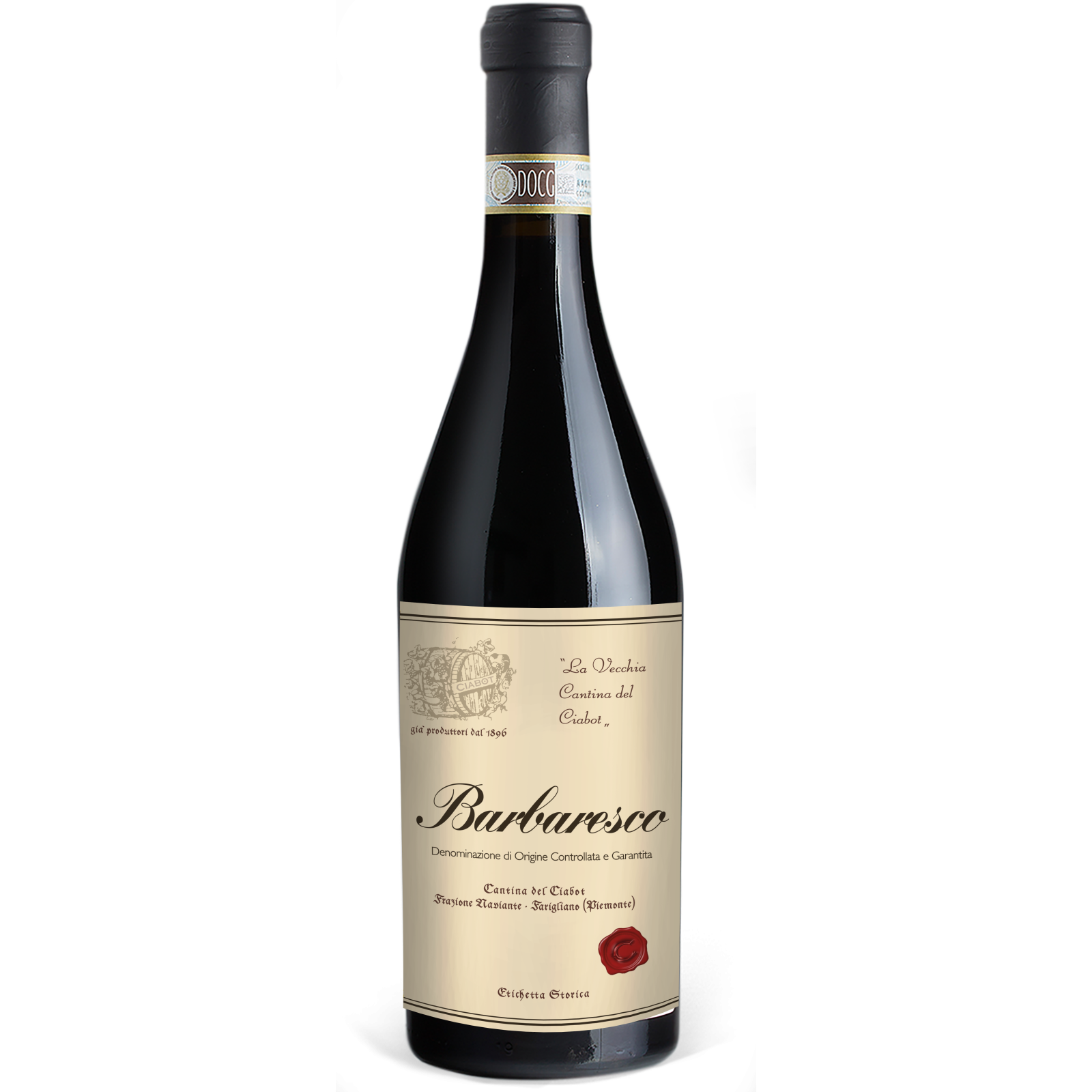 A bottle of Barbaresco red wine from Italy, with a cream label featuring black text and a red wax seal at the bottom.