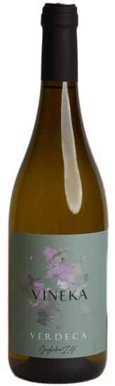 Bottle of Vineka Verdeca white wine with a light green and purple label.