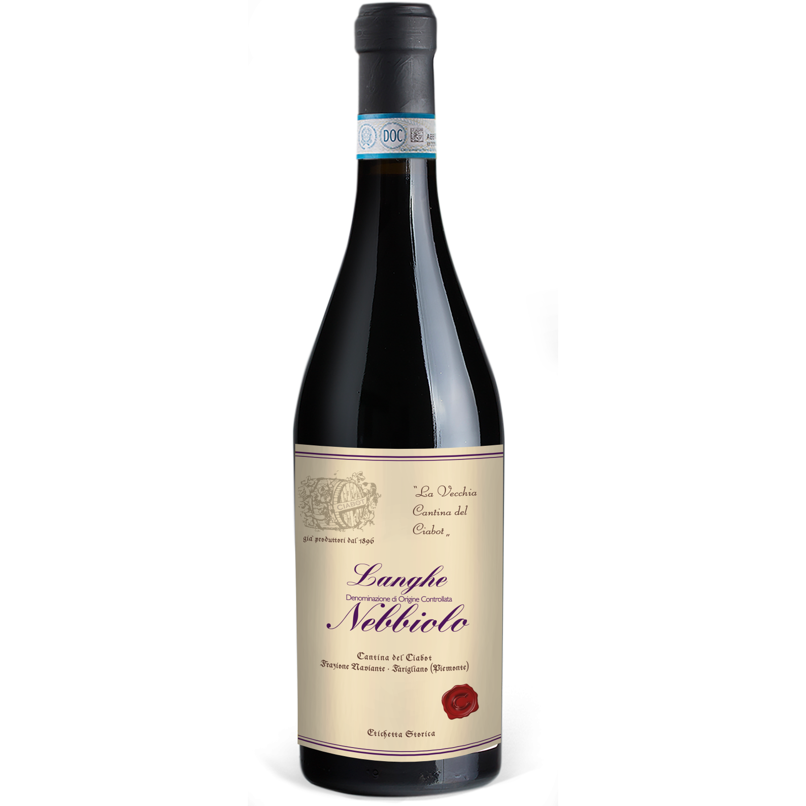 A bottle of Italian red wine with a cream-colored label and a black capsule on top, featuring Italian text and a red wax seal detail.