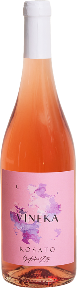 A bottle of VINEKA Rosato sparkling wine with a pink label and a white foil top, set against a plain background.