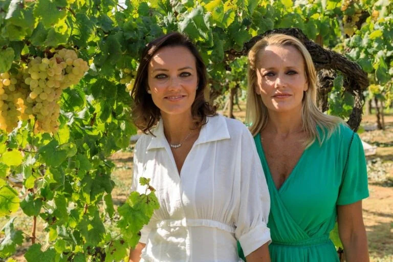 Two winemakers standing in a vineyard with grapevines and green leaves.