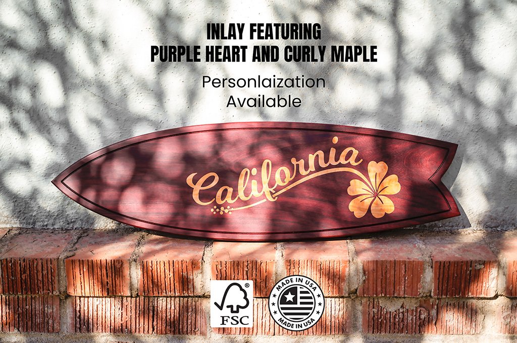 Purple Heart and curly maple charcuterie board with a surfboard design and 'California' inlay.