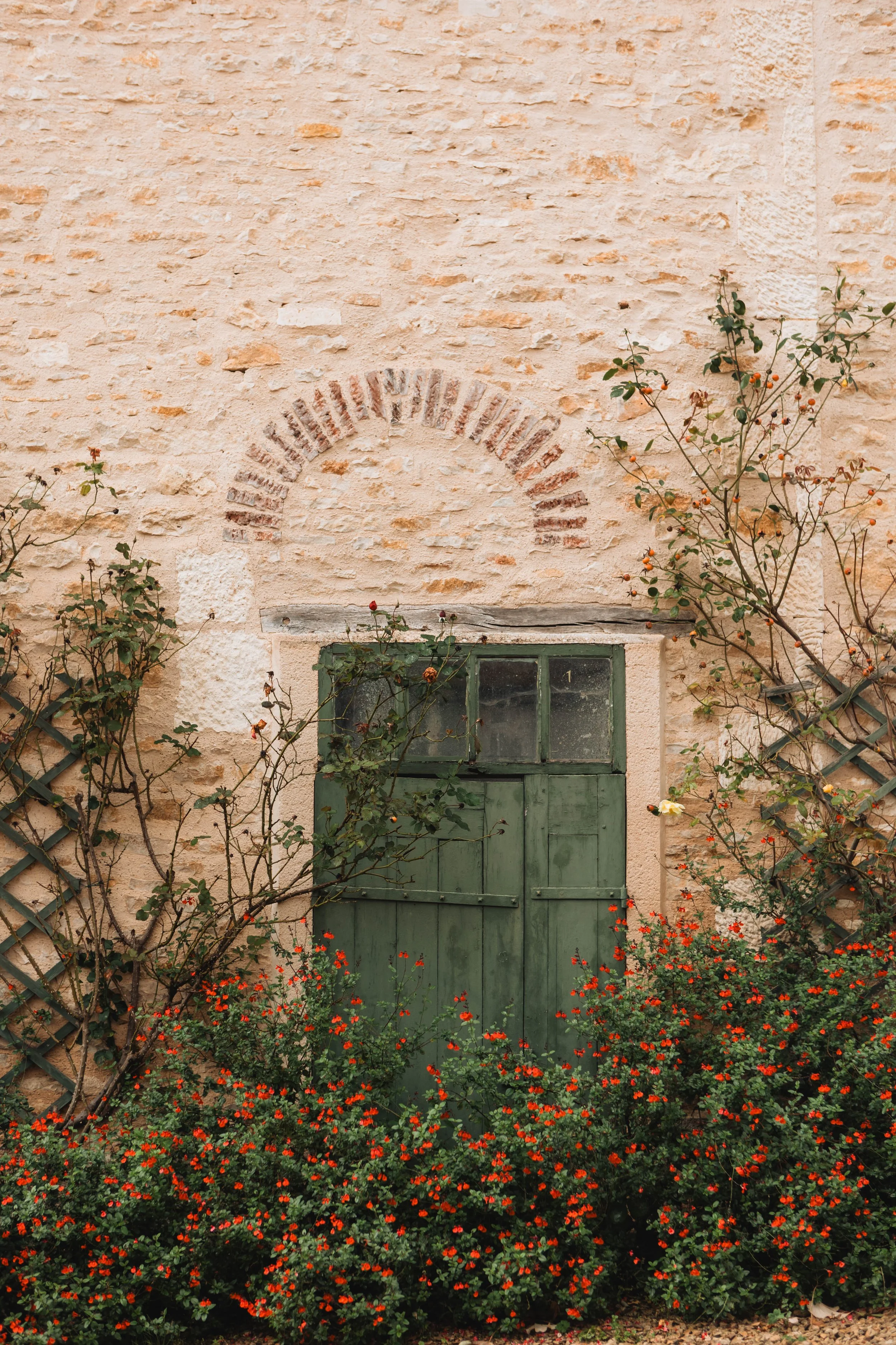 Old stone house wall with green wooden window shutters, surrounded by climbing plants with small orange flowers.
