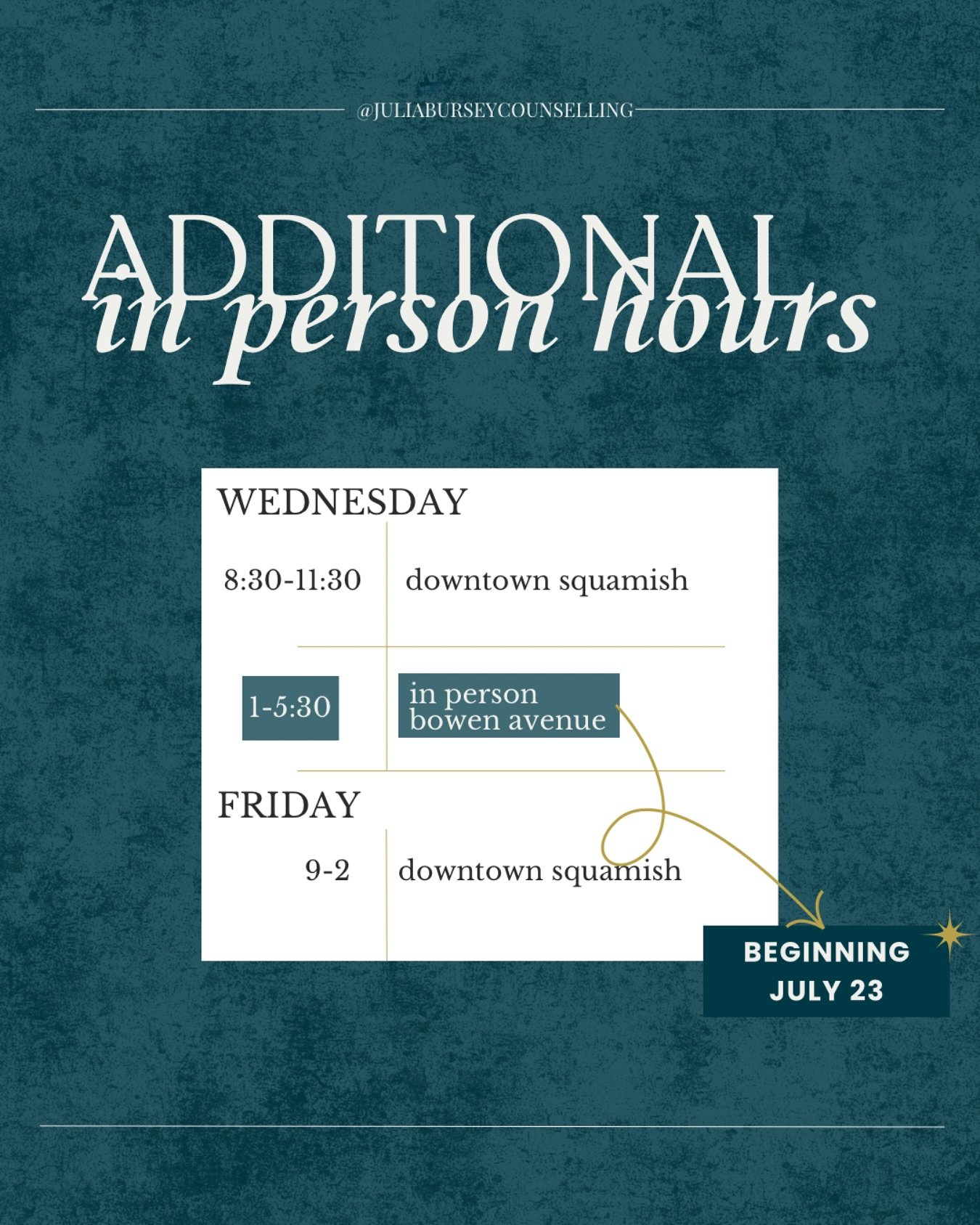 🚨 EXCITING NEWS! 🚨 

beginning July 23rd I&rsquo;ll have additional in person spaces available, from 1-5:30 PM. You can book now, online under Bowen Avenue Office individuals (link in bio🙂&zwj;&harr;️)

PLEASE NOTE- these sessions will be held in 