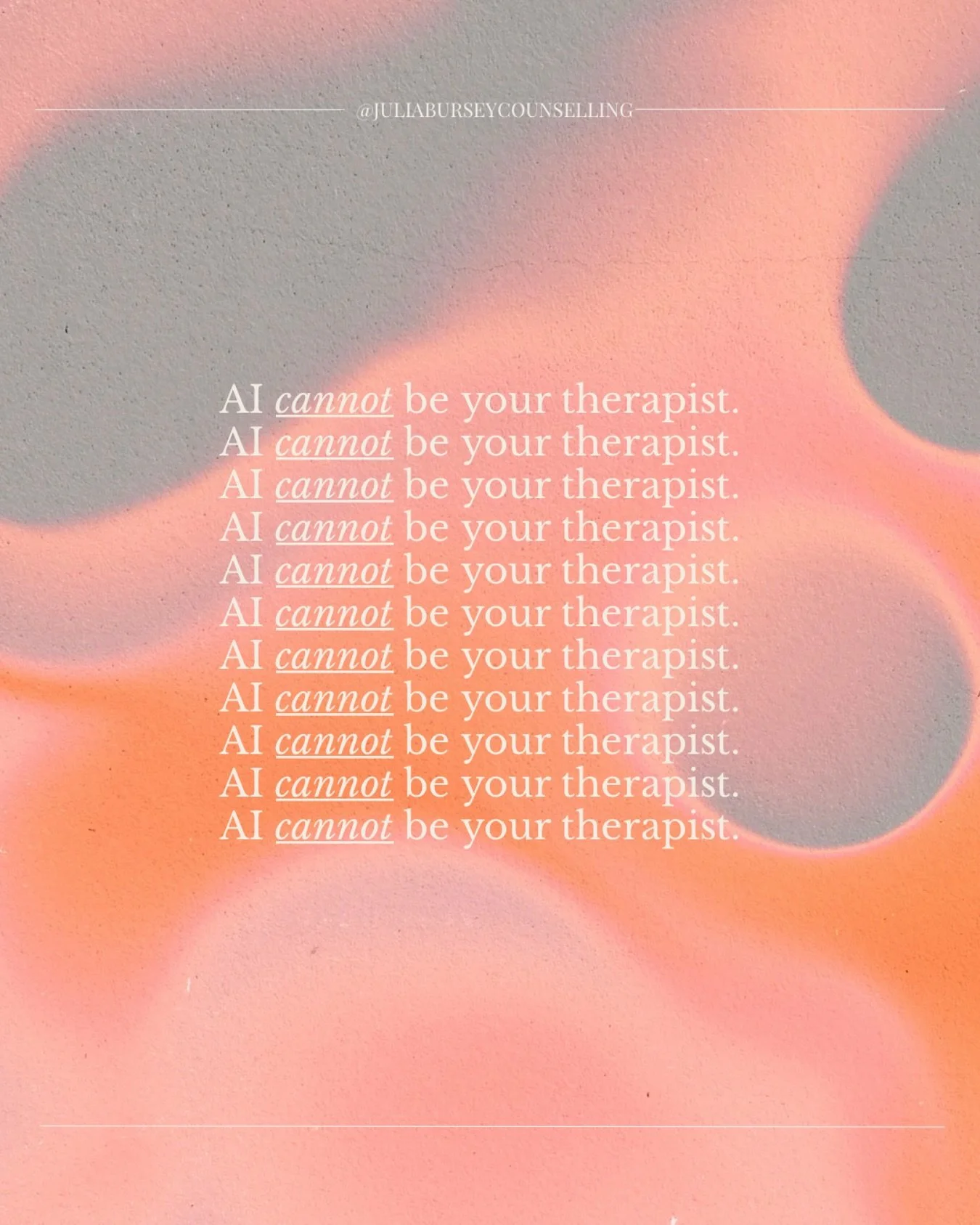 I typically steer clear of making black or white statements- you can&rsquo;t do this, you must do this, etc.,

But when it comes to using AI as your therapist, I&rsquo;m confident in saying it cannot work. 

There are so many reasons as to why that i