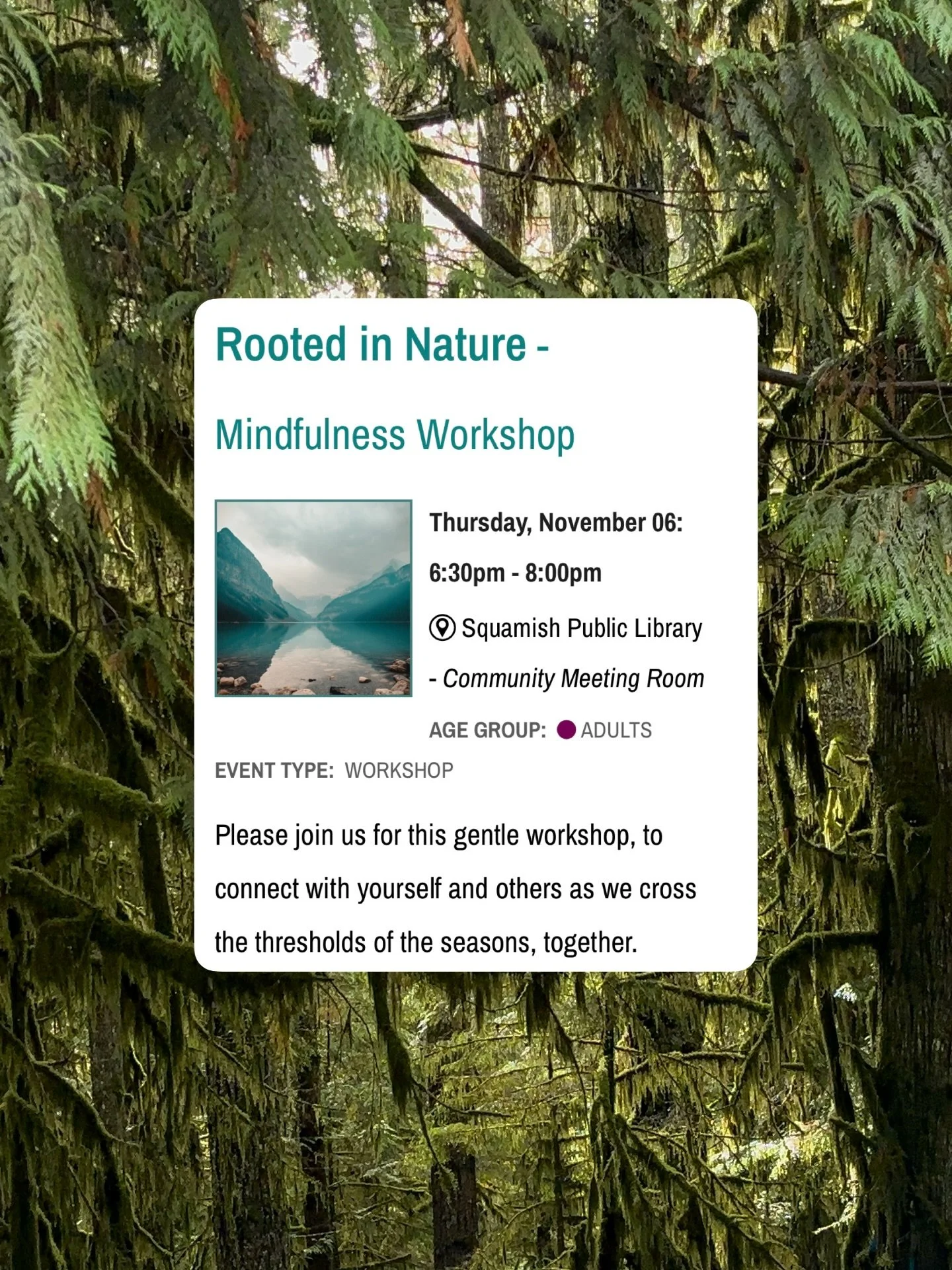 @heather.hendrie &amp; I are soooo excited to share we&rsquo;re hosting a FREE workshop next Thursday, Nov 6 from 6:30-8:00 PM @squamishpubliclibrary

we&rsquo;ll be covering
✨how to support yourself during a heightened time of the year we&rsquo;re S