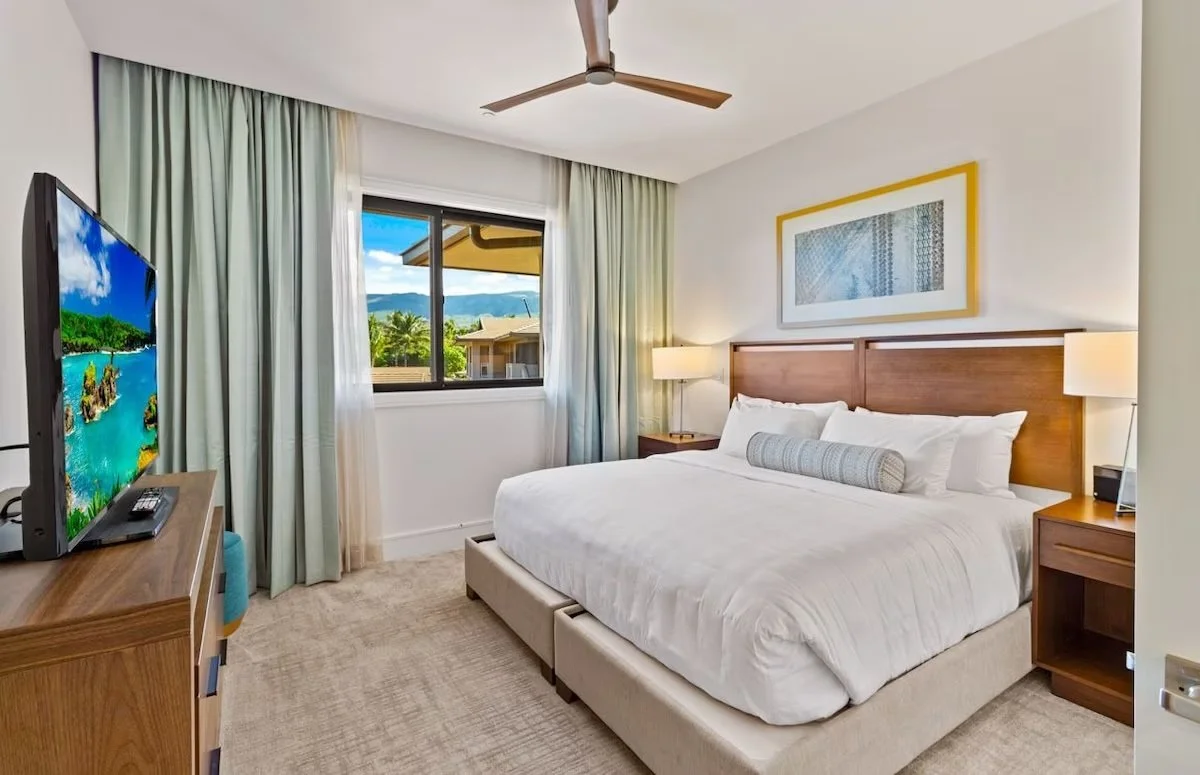 Guest Bedroom with King Size Bed, TV, and large closet.