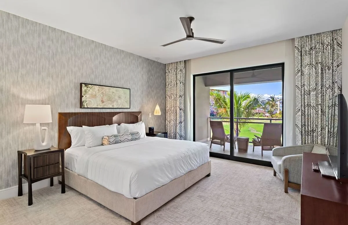 The Ocean-Side Bedroom Suite offers a King Size Bed, TV, much closet space, and its own Lanai.