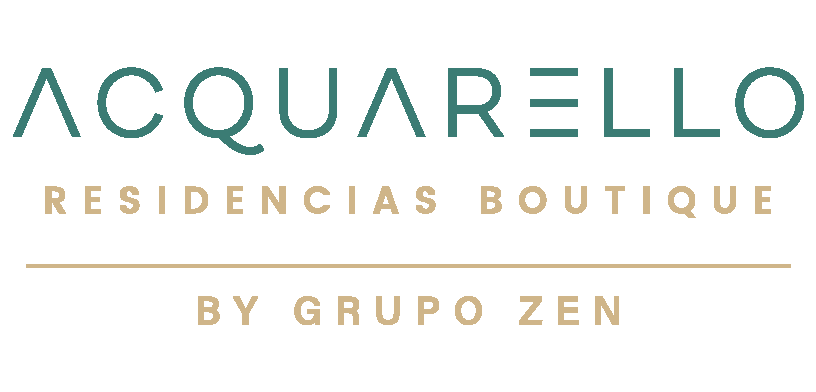 A logo for Acquarello Residencias Boutique by Grupo Zen with stylized text on a black background.