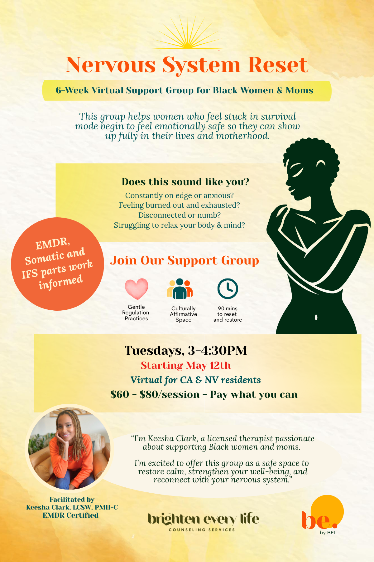Flyer for a 6-week virtual support group titled 'Nervous System Reset' for Black women and mothers, with details about session timing, cost, and facilitator Keesha Clark, LCSW.