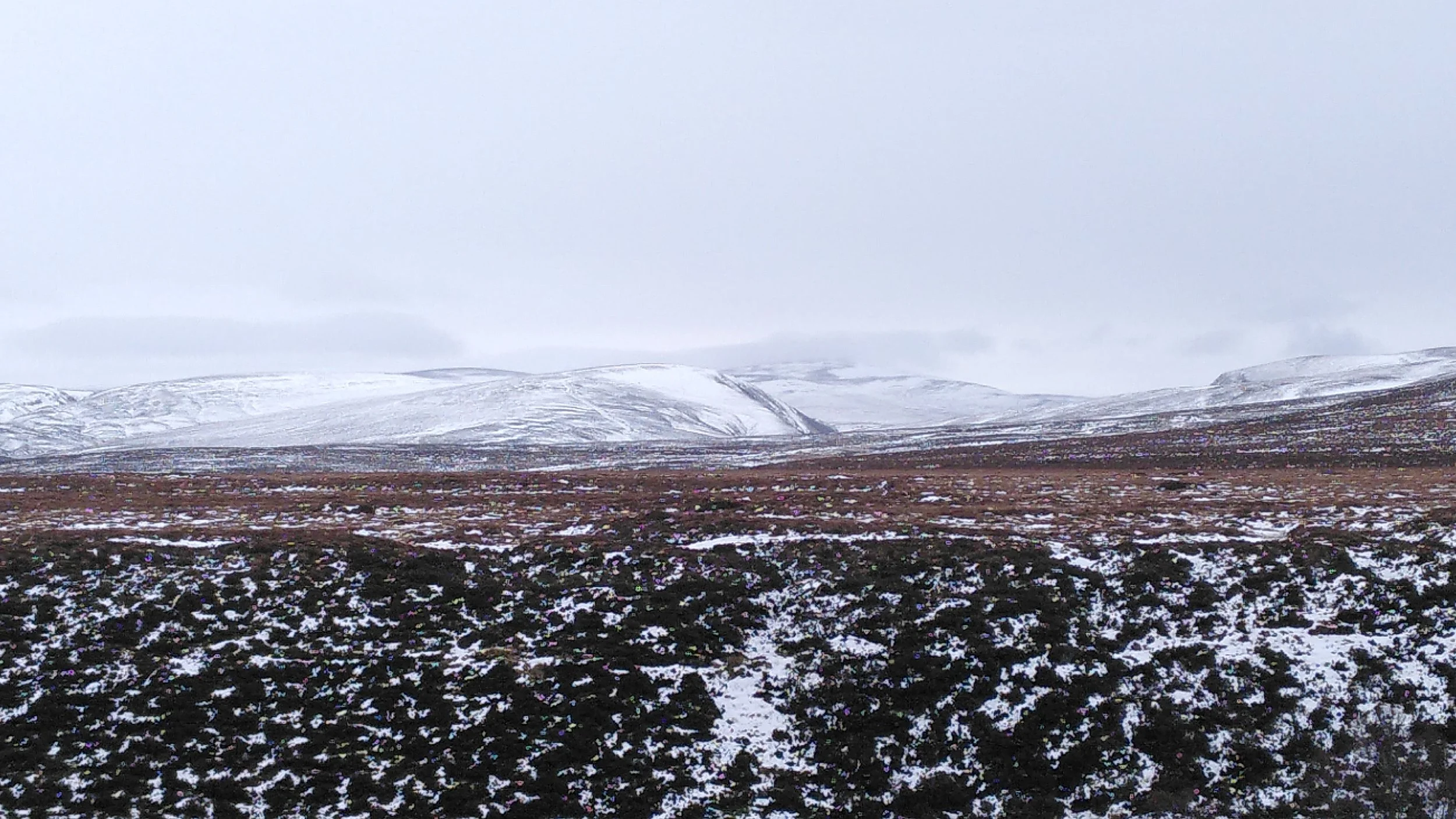 Snow-covered mountainous landscape with a rugged, rocky foreground and rolling hills in the distance under a gray overcast sky.
