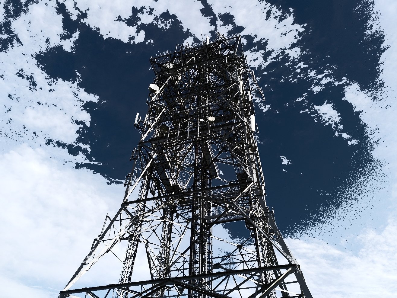 A tall metal communication tower with antennas and satellite dishes, set against a partly cloudy sky.
