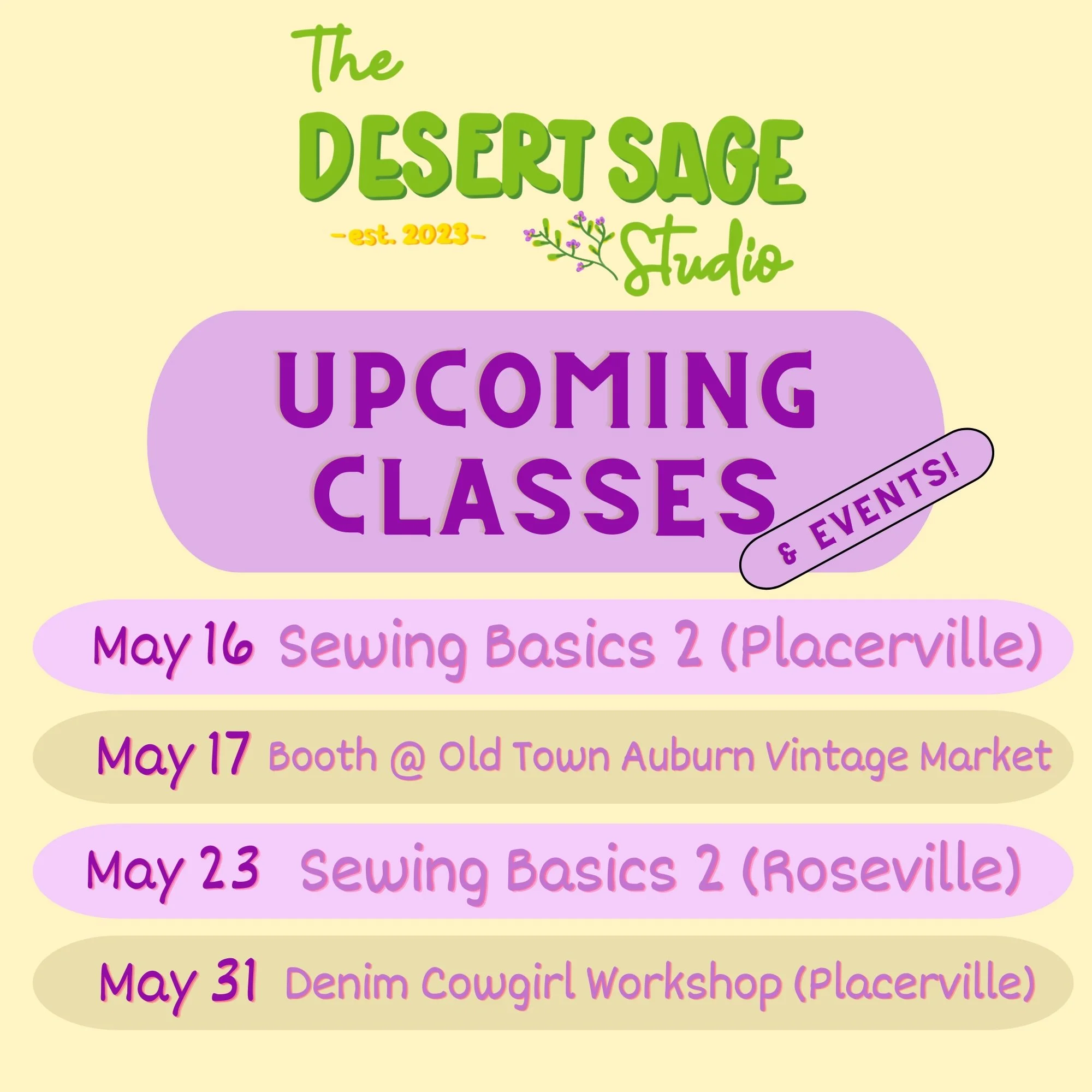 ✨ UPCOMING CLASSES + EVENTS ✨

We still have a few openings in our upcoming classes and we would LOVE to sew with you 💜🪡 Whether you&rsquo;re continuing your sewing journey or trying something totally new, these classes are designed to be relaxed, 