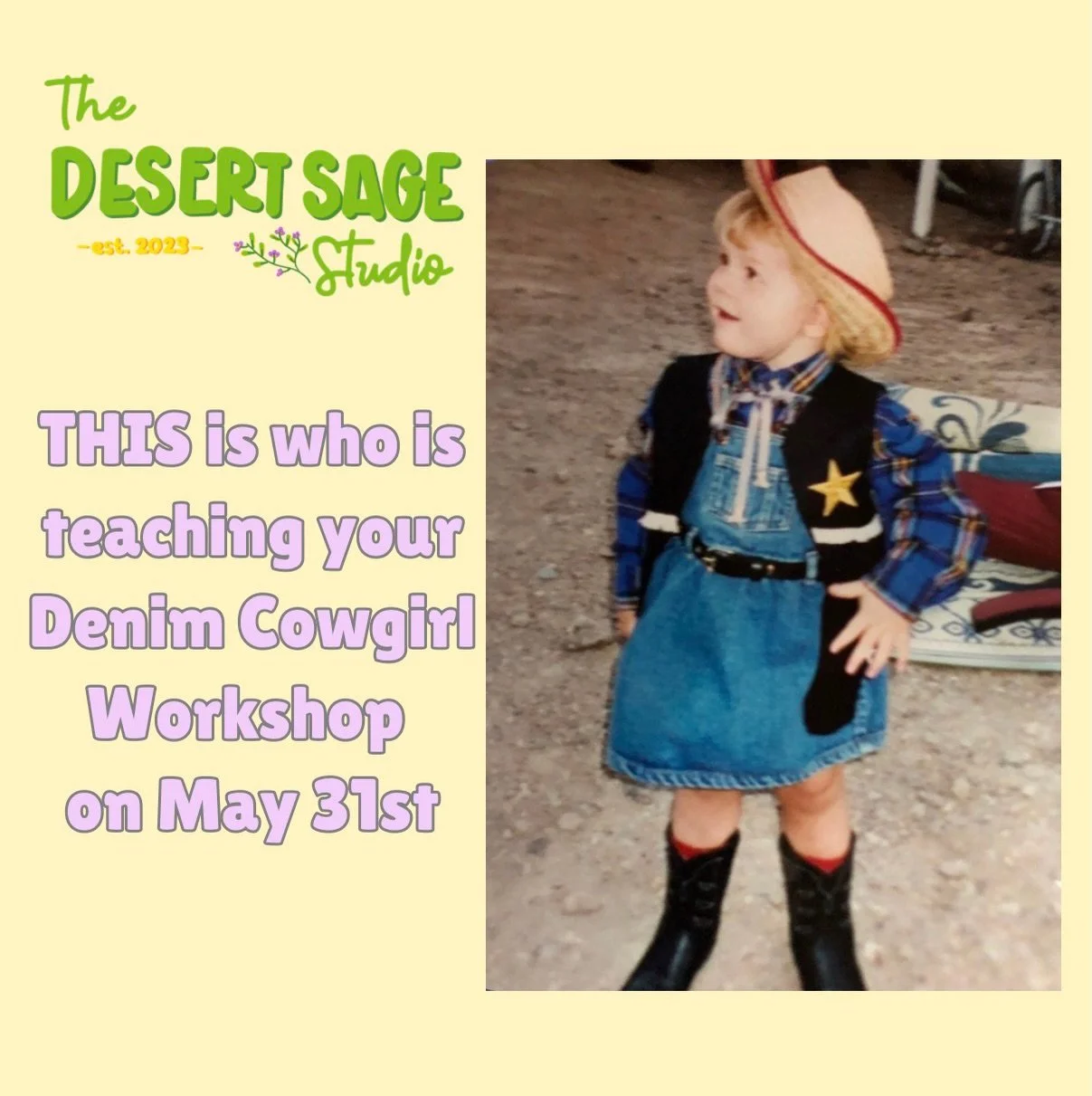 Some of y&rsquo;all are signing up for the Denim Cowgirl Workshop thinking it&rsquo;s just sewing class&hellip; meanwhile this has literally been my personality trait since birth 🤠💅

Now she&rsquo;s grown up and teaching y&rsquo;all how to make the