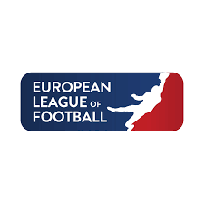 European League of Football logo with a white silhouette of a football player on a blue and red background.