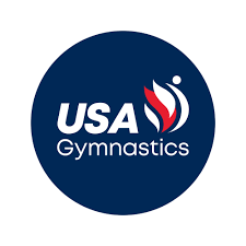 USA Gymnastics logo featuring a stylized gymnast figure above the word 'USA' and 'Gymnastics' on a navy blue background.