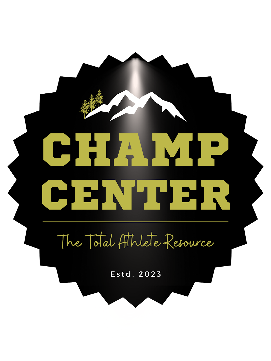 Logo for 'Champs Center,' featuring stylized mountain peaks, trees, and a black background with yellow-green text stating 'The Total Athlete Resource' and 'Est. 2023.'