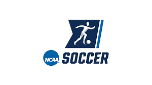 NCAA Soccer logo featuring a stylized figure kicking a ball with text.