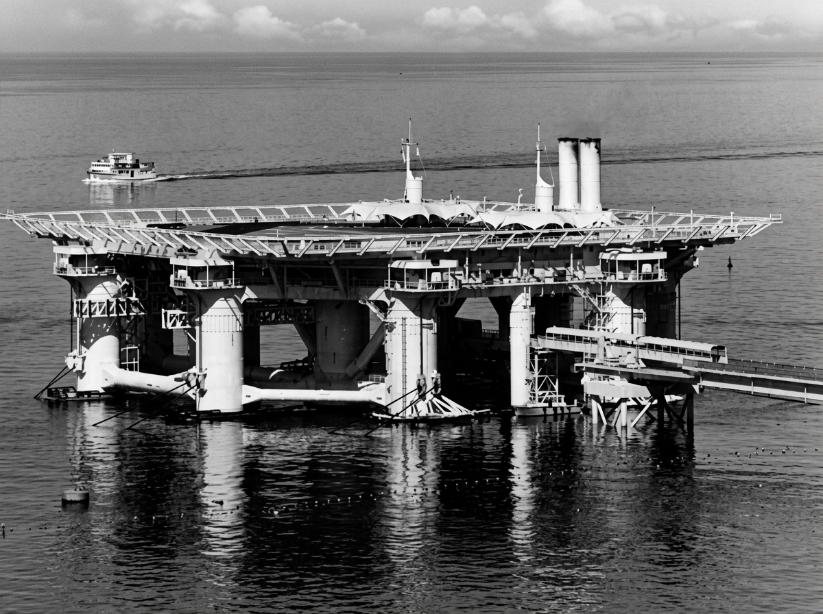 A black-and-white photograph of Aquapolis at Expo '75. A square steel deck sits high on thick columns above a calm sea, with lattice roofs and two tall funnels on top. A covered walkway reaches it from the right, and a ferry passes behind it.