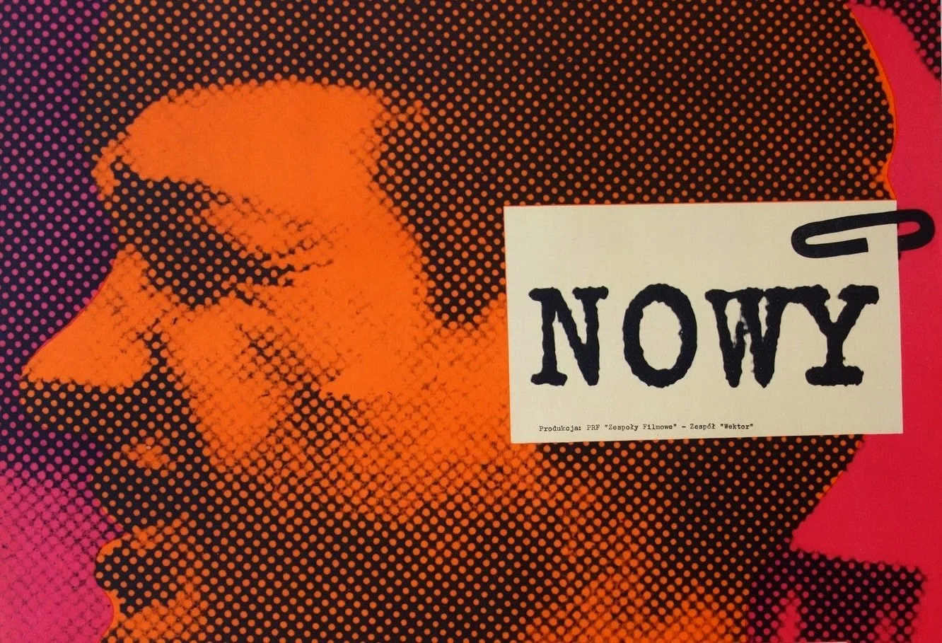 Polish graphic design with orange halftone silhouette against pink and black dotted background. Cream label reads 'NOWY' in distressed letterpress type.