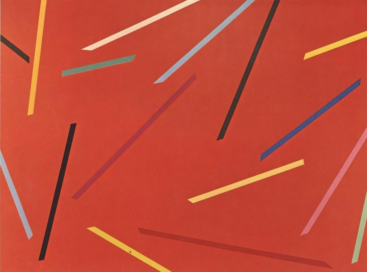 Thin coloured bars fall at different angles across a deep red field in an abstract modernist painting.