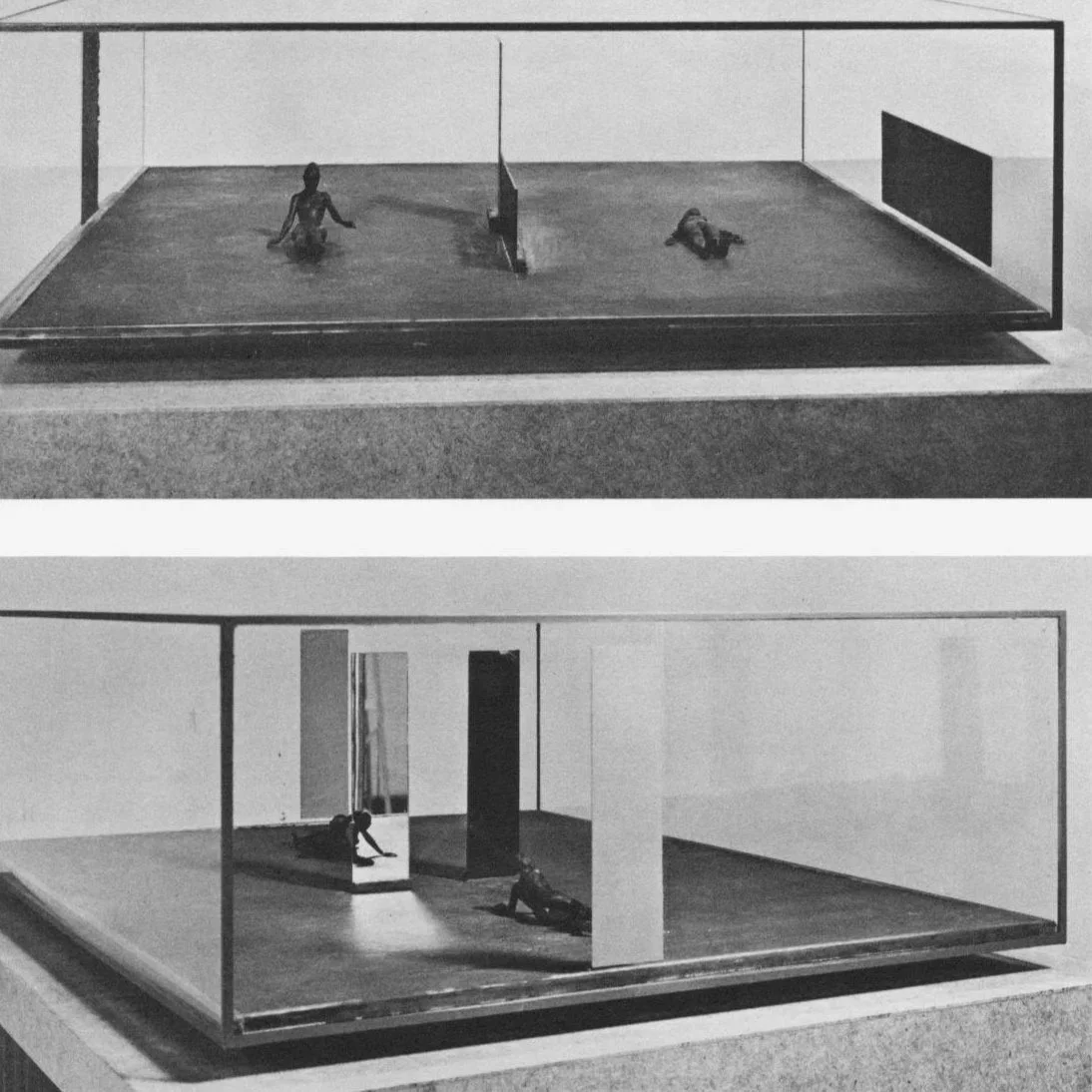 Two black-and-white photographs of Robert Graham sculptures: small human figures posed inside glass-enclosed rectangular vitrines, viewed from the side.