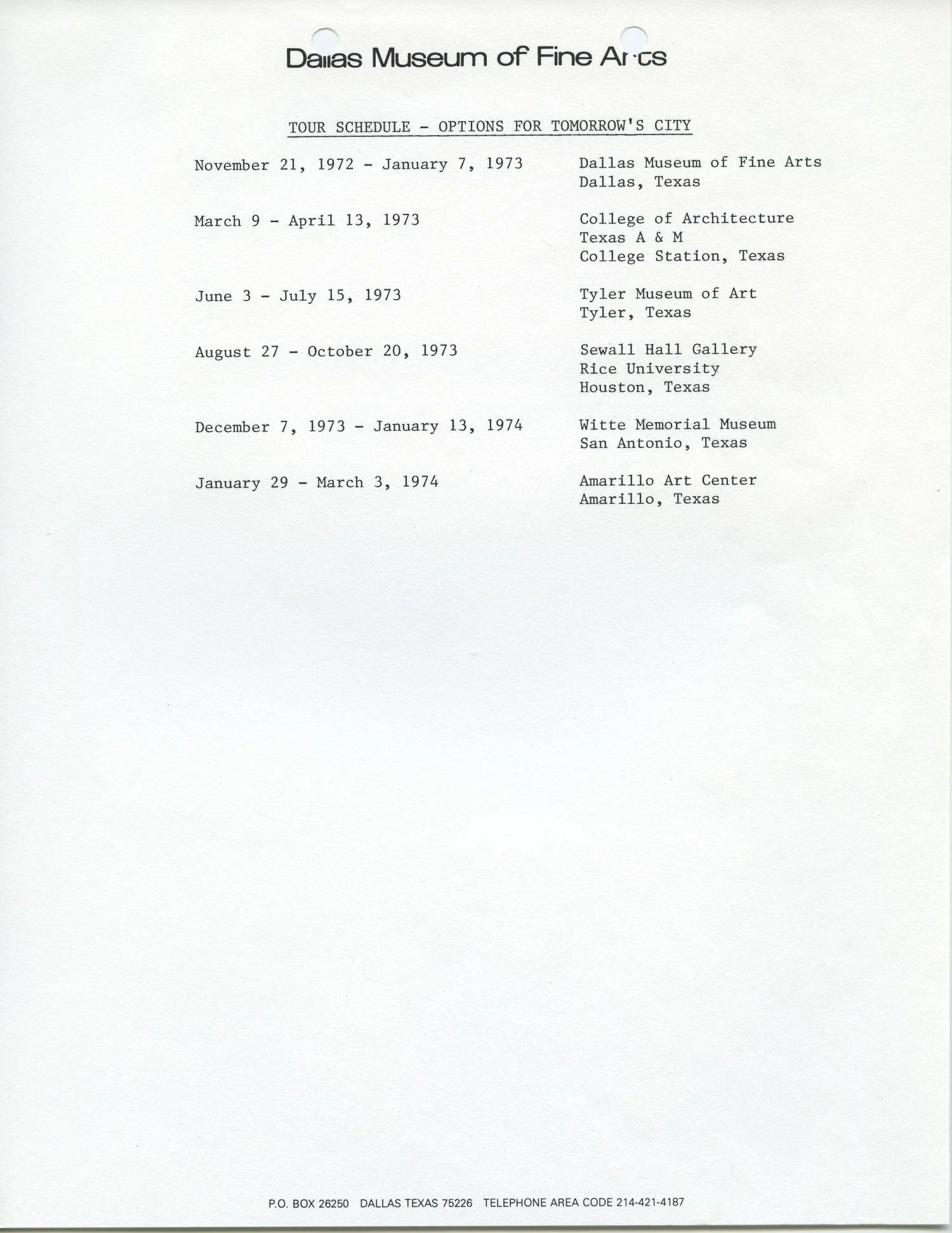 Dallas Museum of Fine Arts tour schedule document listing six Texas venues for the Options for Tomorrow's City exhibition, November 1972 through March 1974.