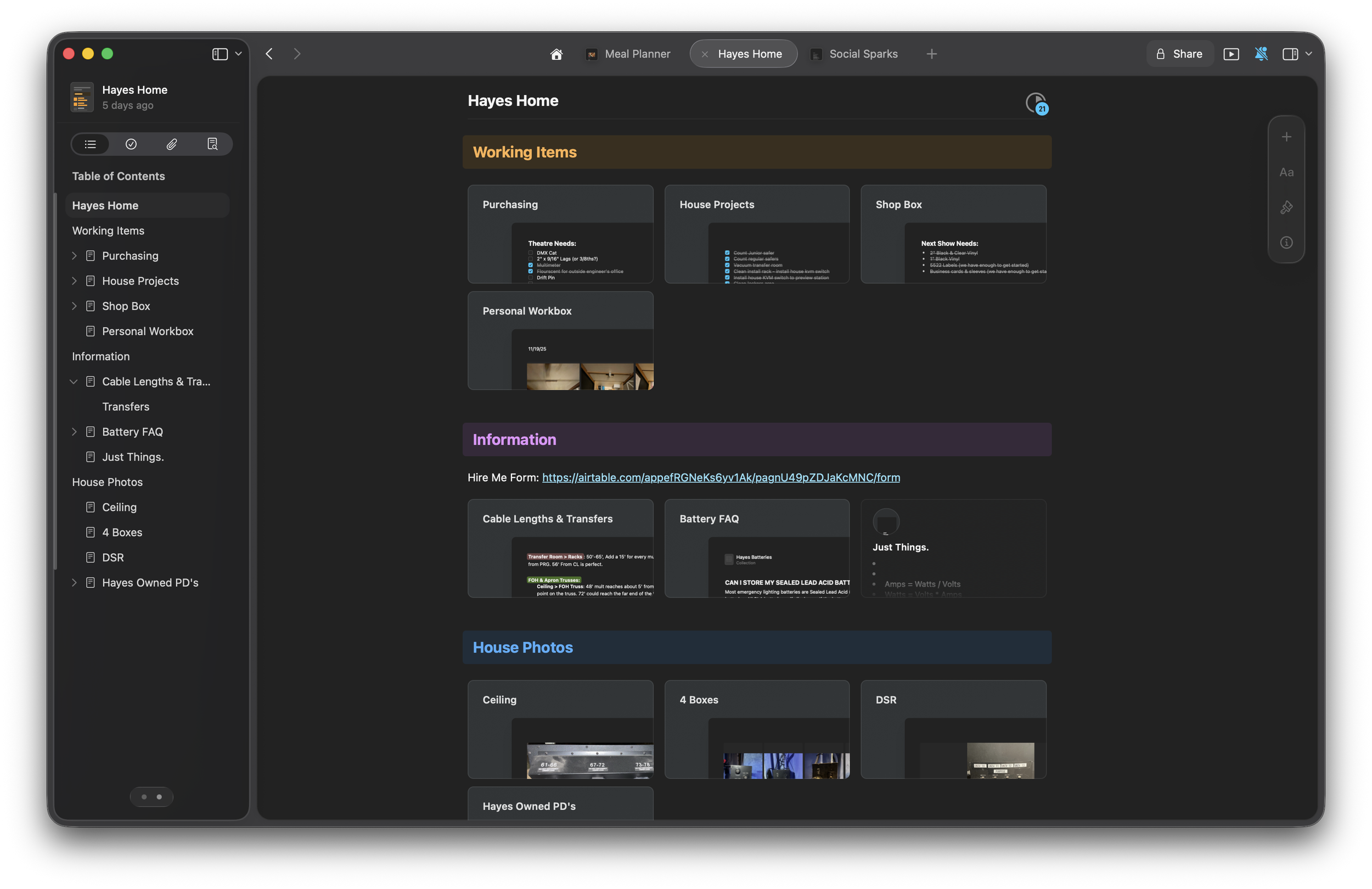 Screenshot of the Hayes Home Craft page that stores all working information and house photos.