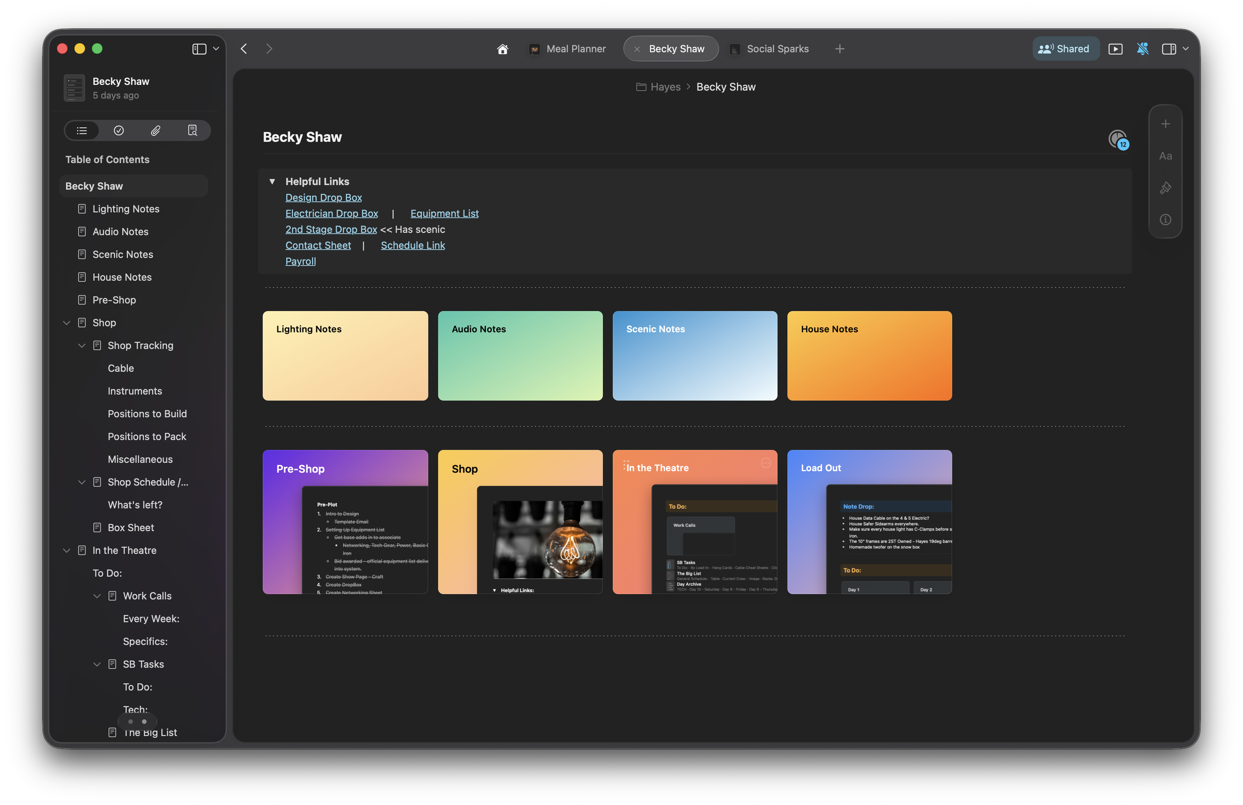 Screenshot of the Becky Shaw Show page on Craft docs that stores all notes, todo lists and more.