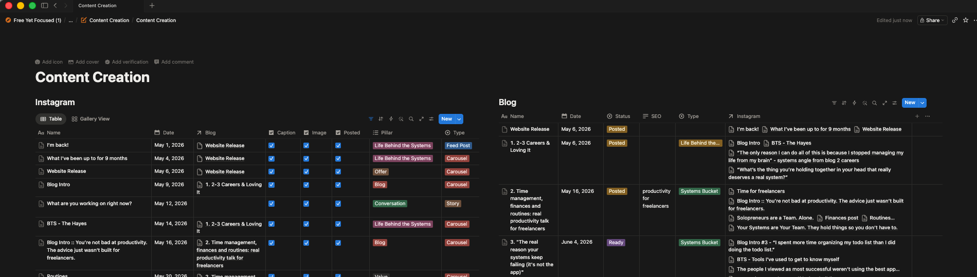 Screenshot of Savannah's Notion board for content creation displaying just 2 databases and simplicity.