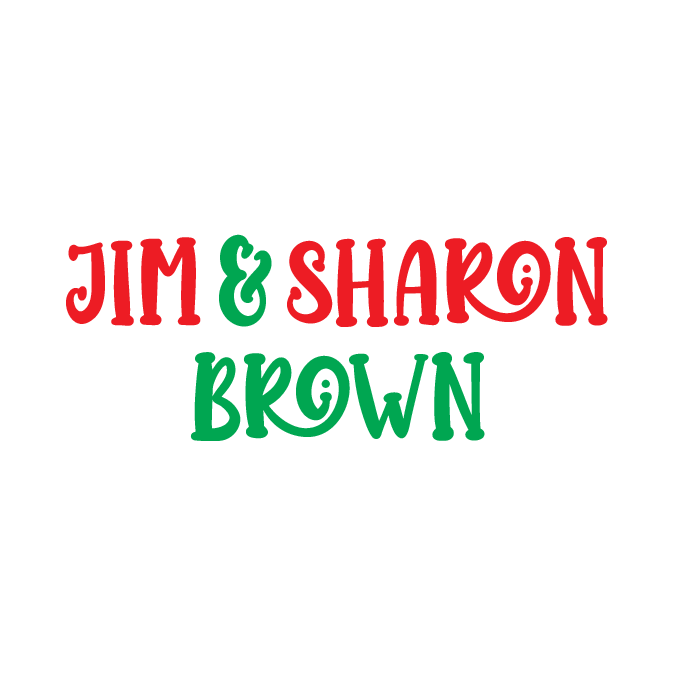 The image features the text 'Jim & Shakon Brown' in colorful, festive font, with red and green colors, likely for holiday or Christmas theme.