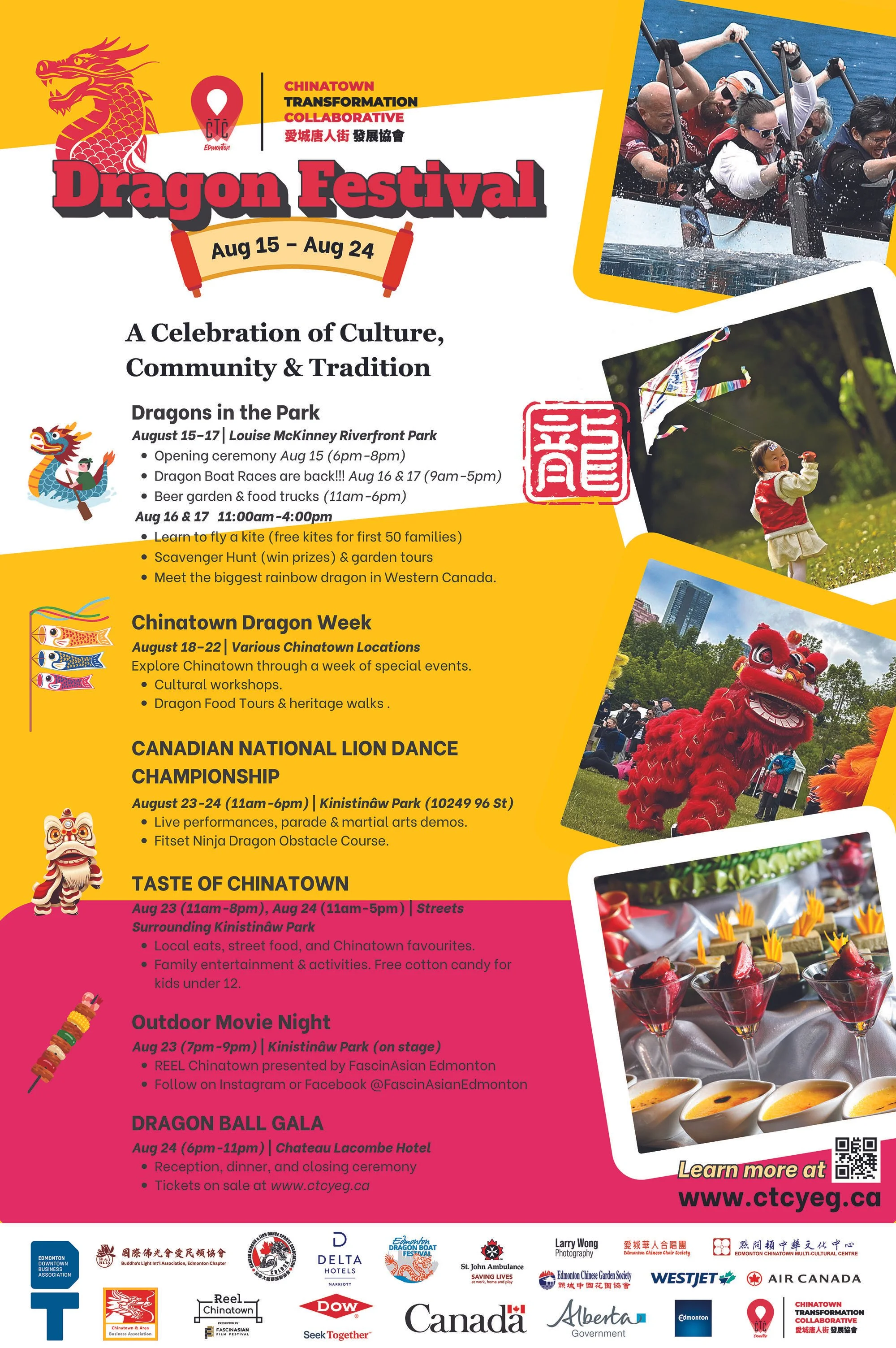 Flyer for the Chinatown Dragon Festival, August 15 to August 24, featuring dragon boat races, kite flying, heritage walks, lion dance championship, street food, outdoor movie, and a dragon ball gala in Edmonton, Canada.