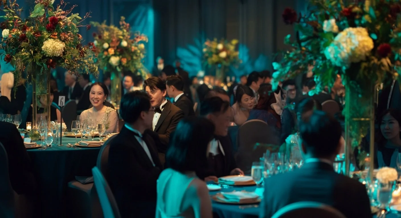 Guests in formal attire sitting at decorated tables with floral centerpieces in a banquet hall with teal lighting.