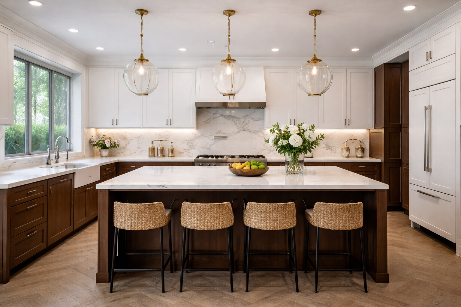 Modern kitchen with white and dark wood cabinets, marble countertops and backsplash, large island with four woven barstools, pendant lights, a bowl of lemons and apples on the island, and flower arrangements on the counters and window sill.