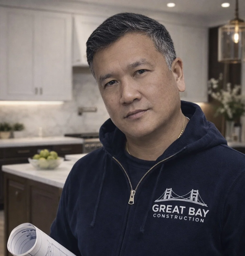 A man with short dark hair and a slight smile, wearing a navy blue hoodie with the logo 'Great Bay Construction', standing in a modern kitchen holding blueprints.