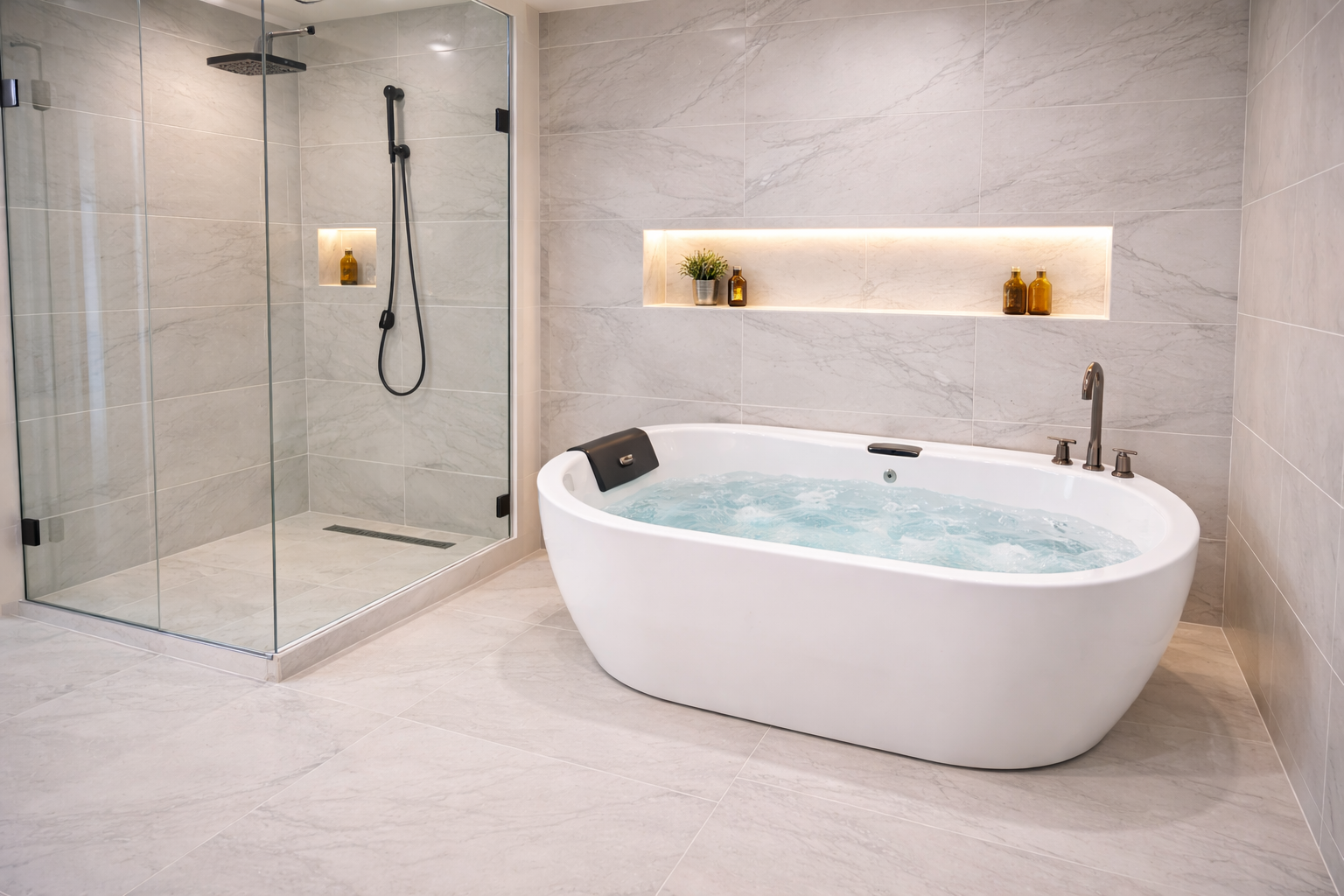 Modern bathroom with a glass-enclosed shower and a white oval bathtub filled with water, set against marble walls with a recessed shelf holding decorative bottles and a plant.