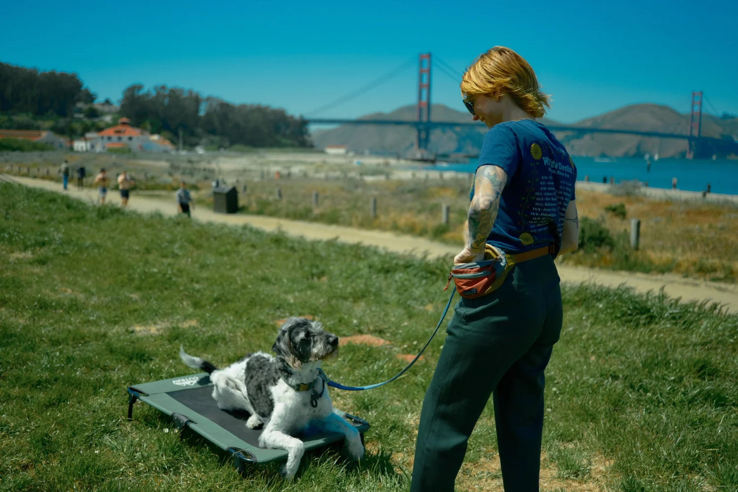 Kim of Good Company Canine training a dog on a cot outdoors in San Francisco