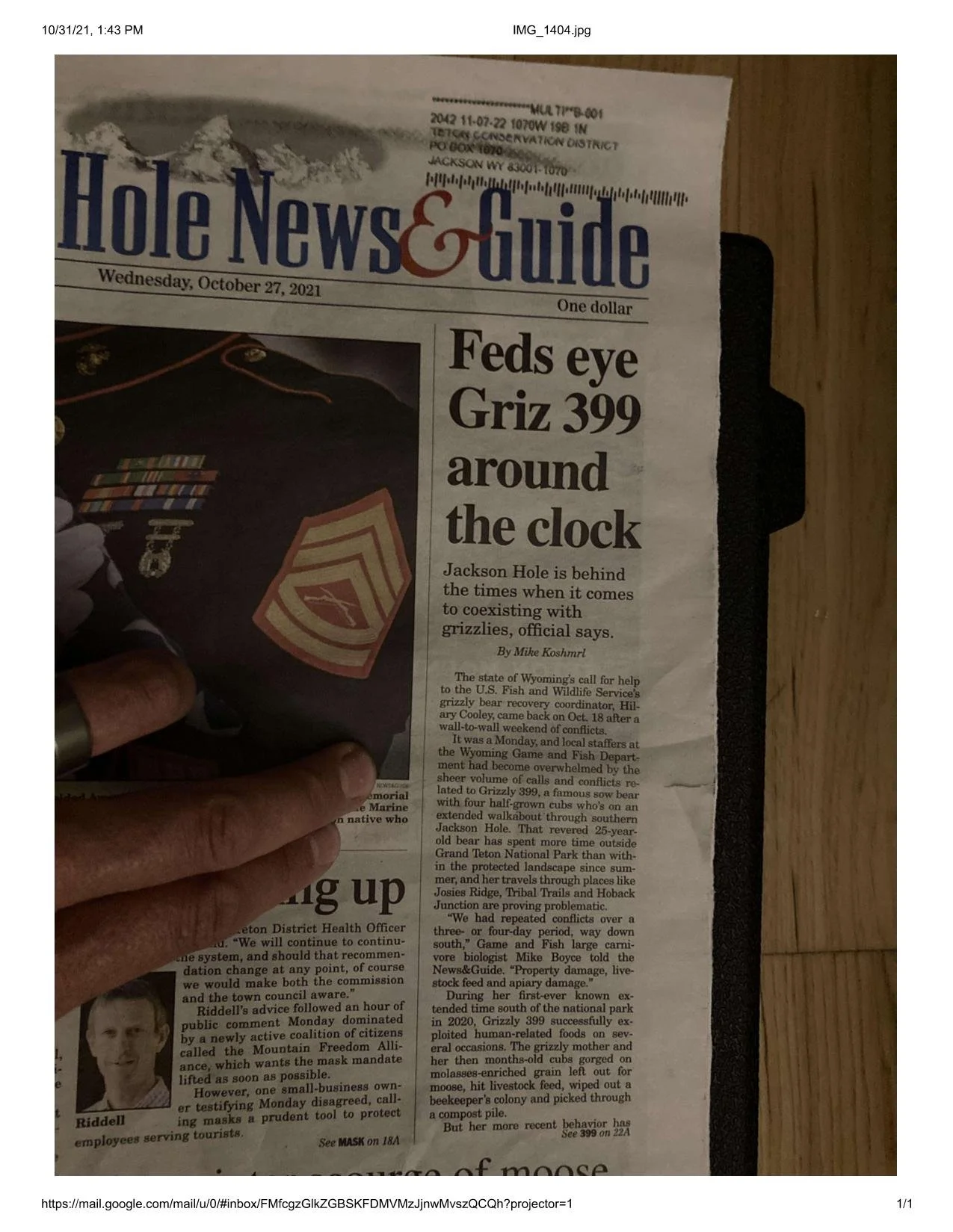 News article in Jackson Hole News & Guide Grizzly 399