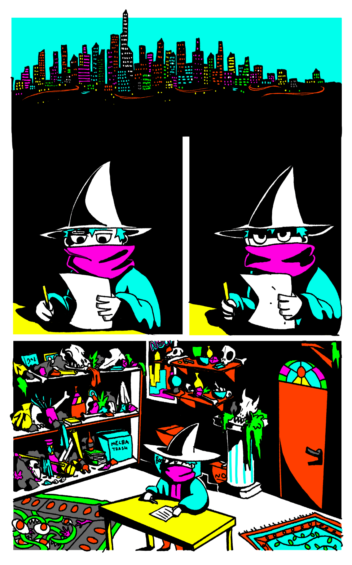 Another test page for a comic about a necromancer detective.