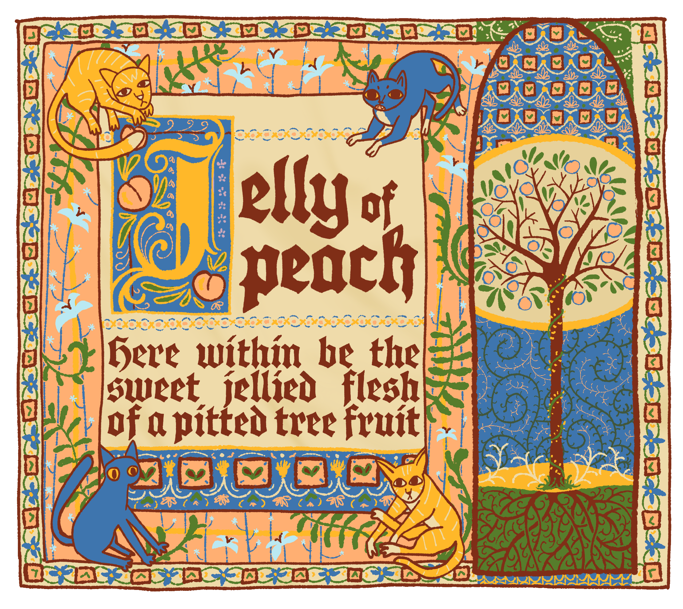 Every year, I design labels for my mother's holiday jelly. 2025 had the theme "illuminated manuscript" and featured the family felines. It also originally featured my mother's lineage back six or so generations, but it was deemed "too much."