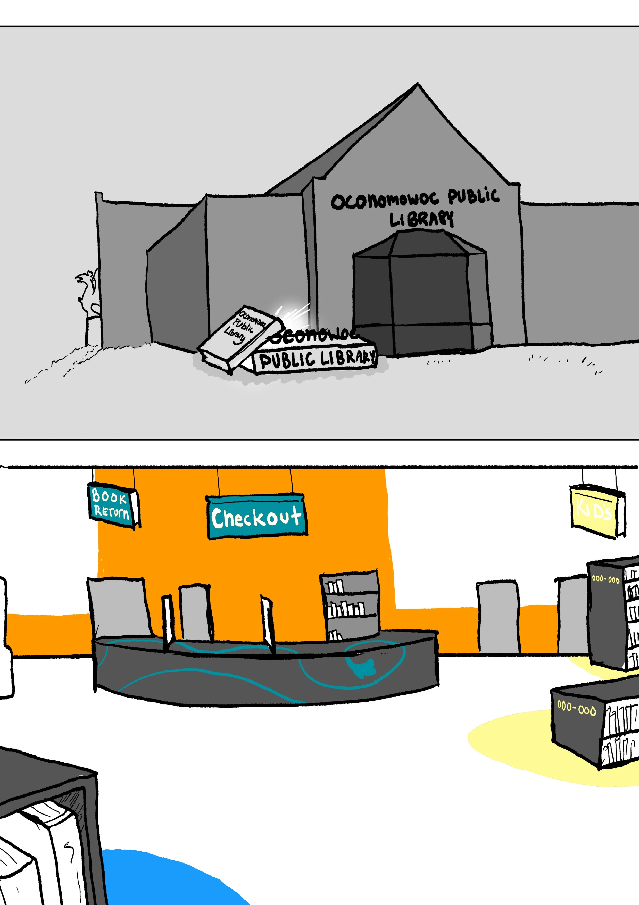 Sketching the library, inside and out, and figuring out the space.