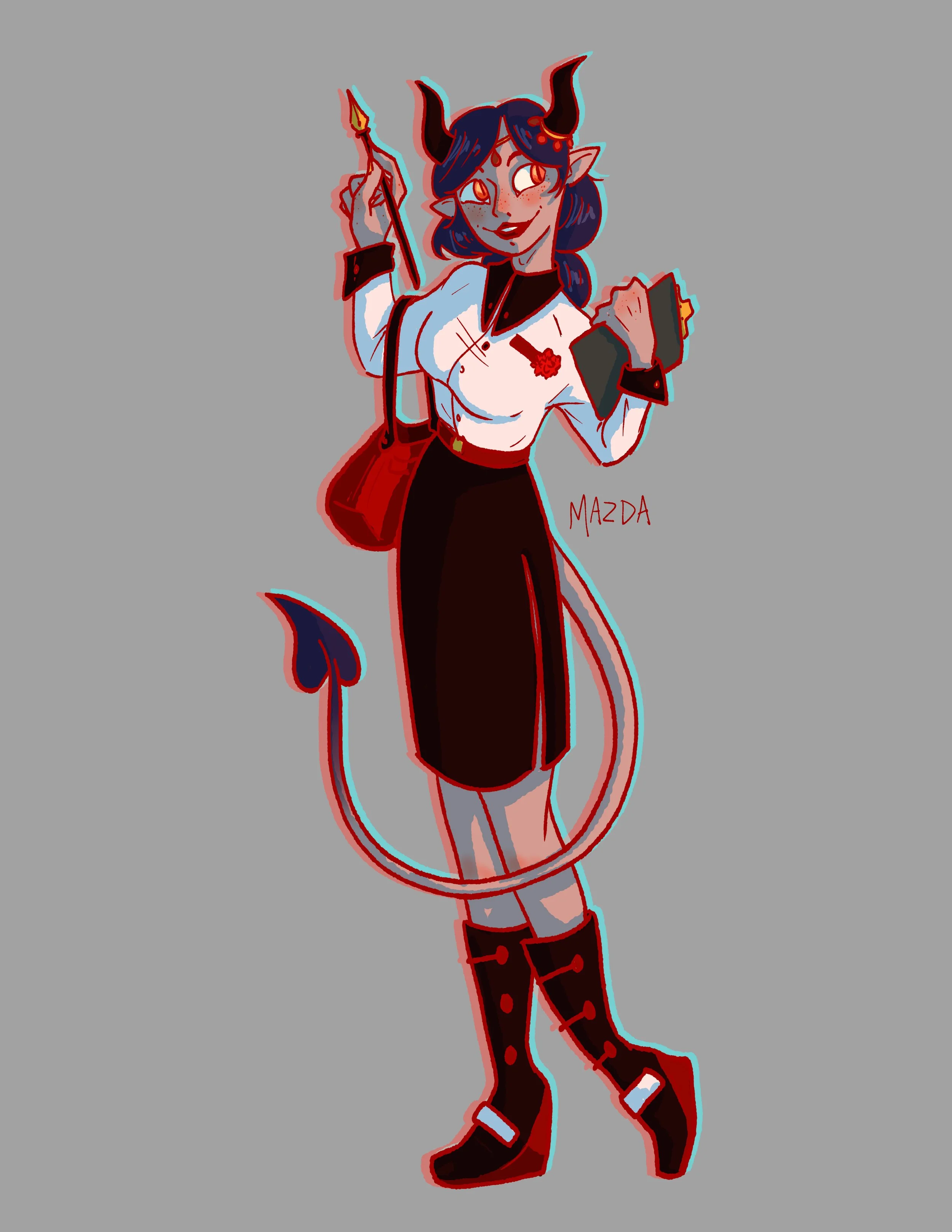 Mazarati, another D&D character of mine. Nepo-baby demon princess currently going on the character arc of "being poor now."