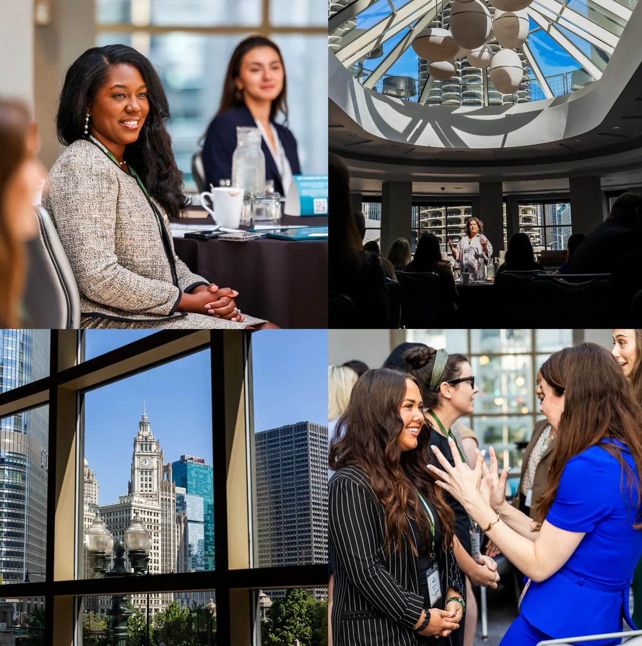 A collage of four images showing women attending a conference or seminar in a downtown venue.  Image 1: 2 women sitting at a table, smiling and listening. Image 2: A woman gives a presentation. Image 4: 2 women networking and engaging