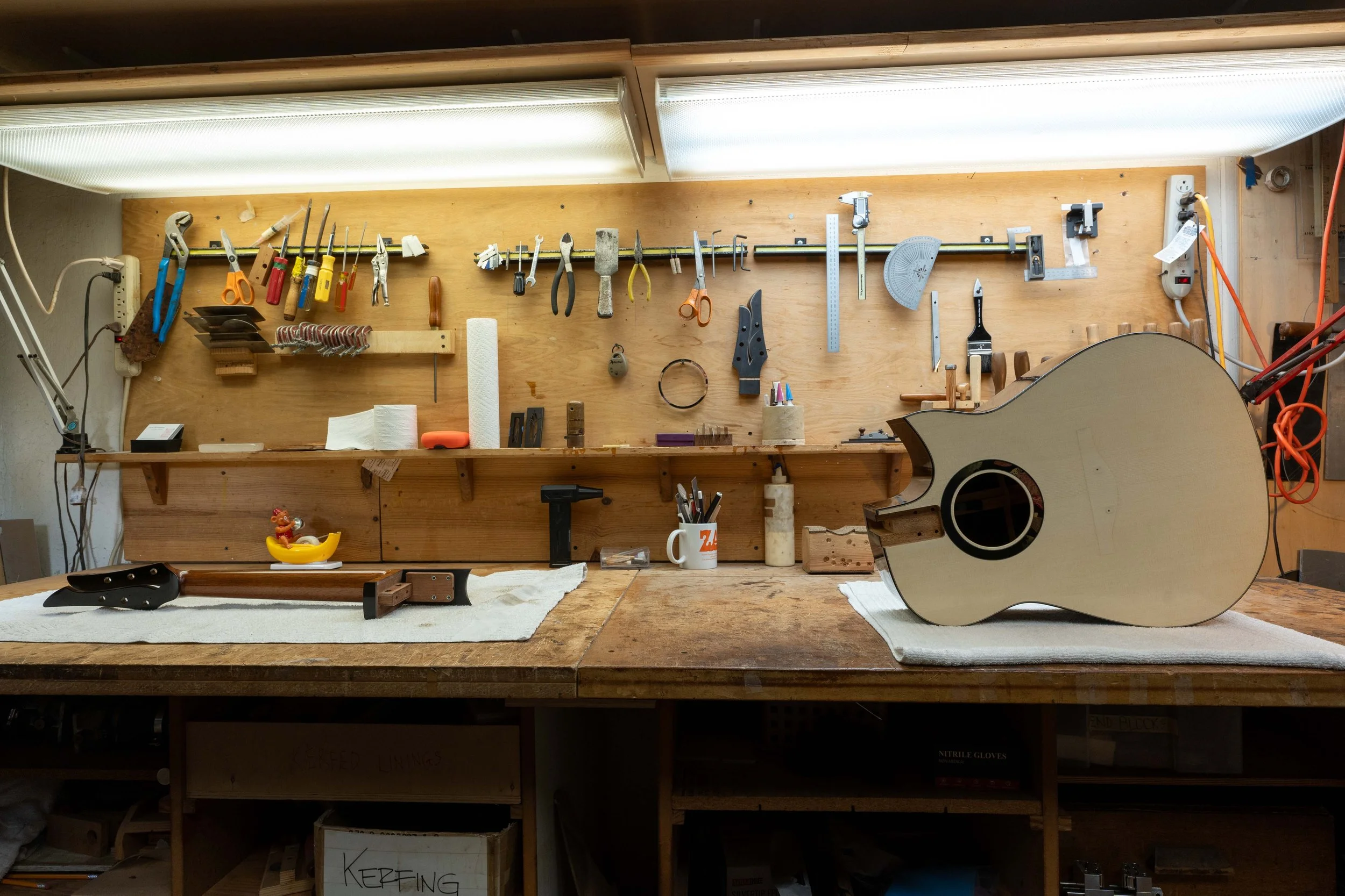 Silverman guitar in progress in the Somogyi shop. Ervin Somogyi apprenticeship.