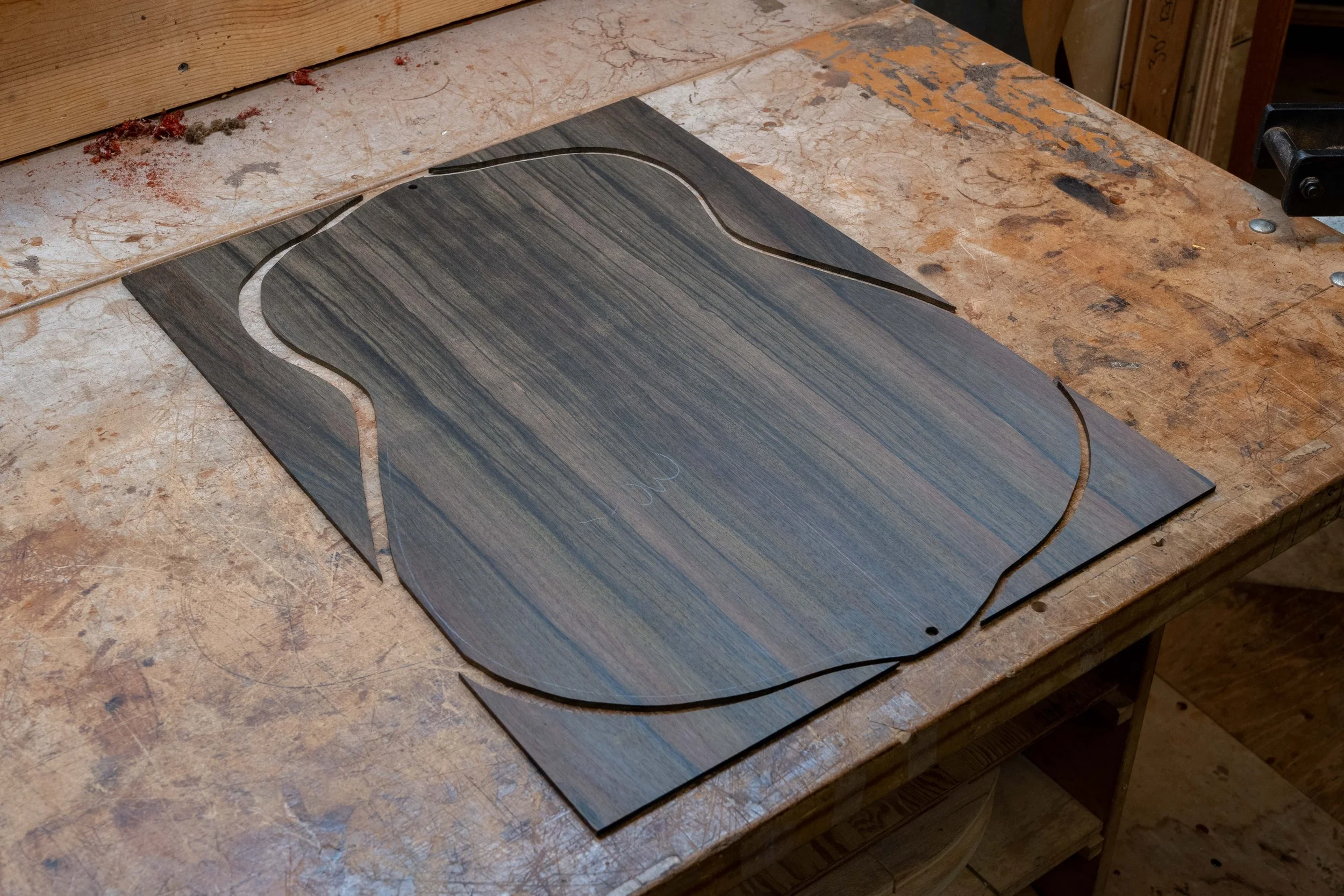 The back is joined, thicknesses, and roughly cut out.