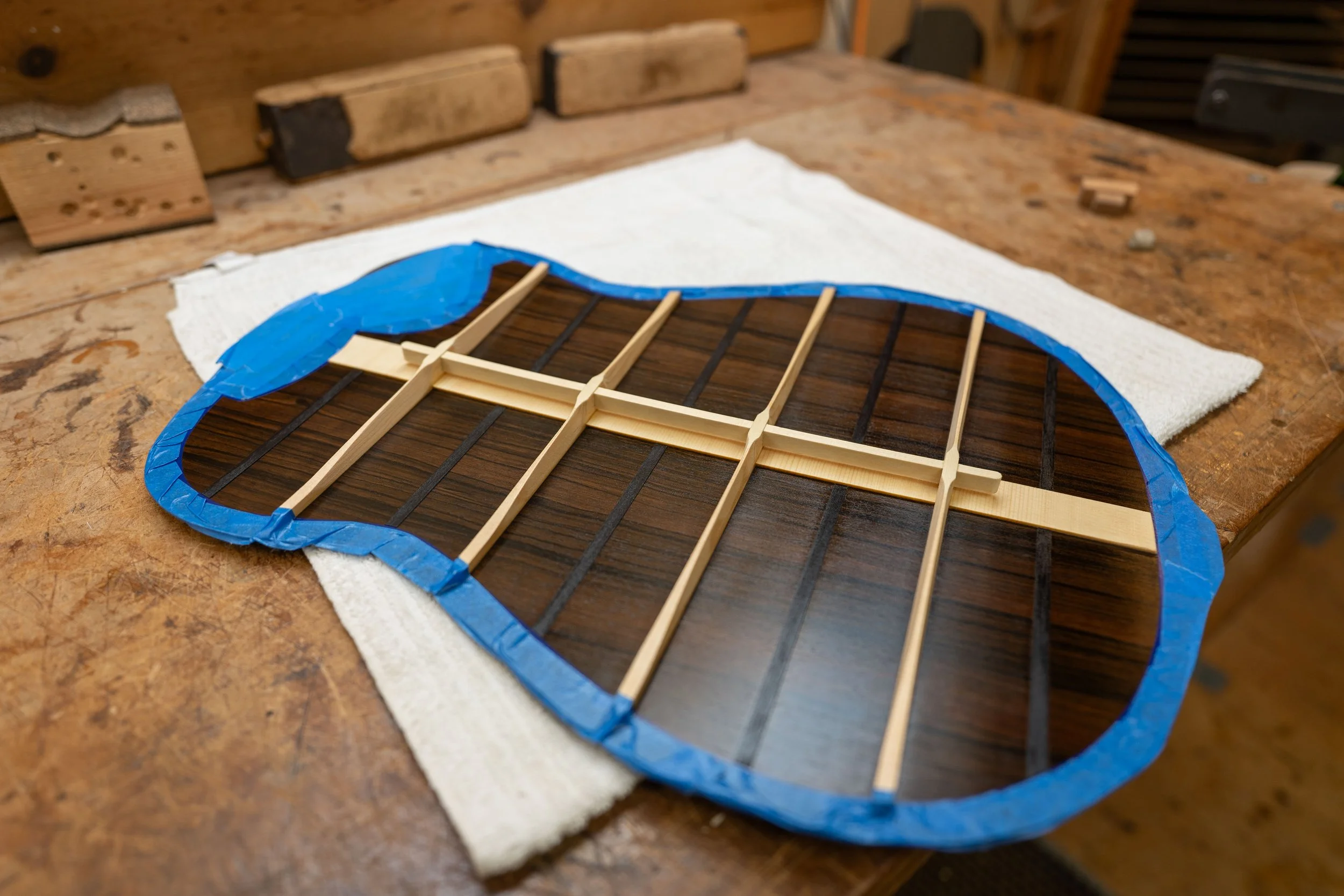 Silverman Guitar Malaysian Blackwood back with floating brace.