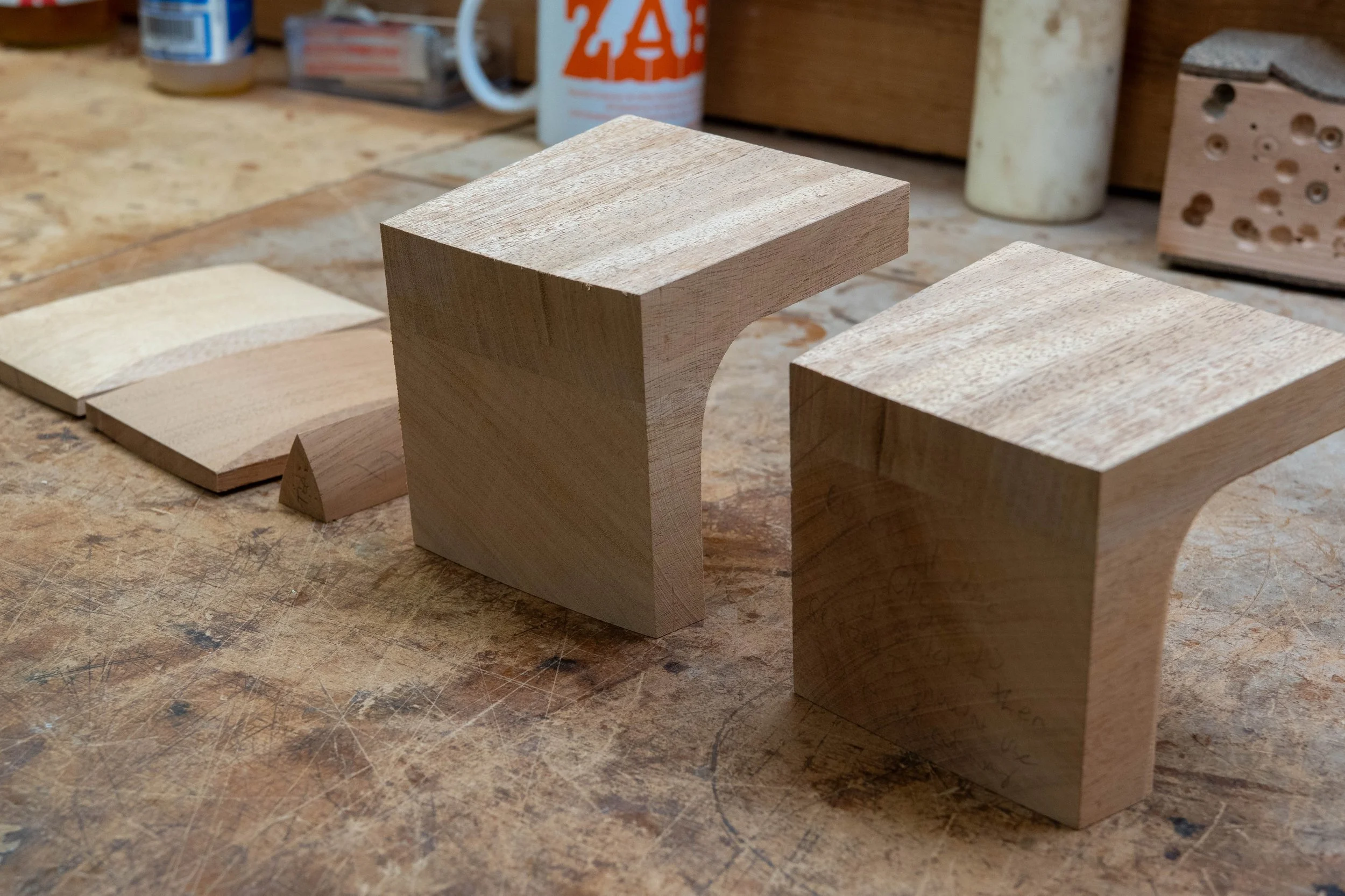 Head, tail, and corner blocks made for two guitars. 