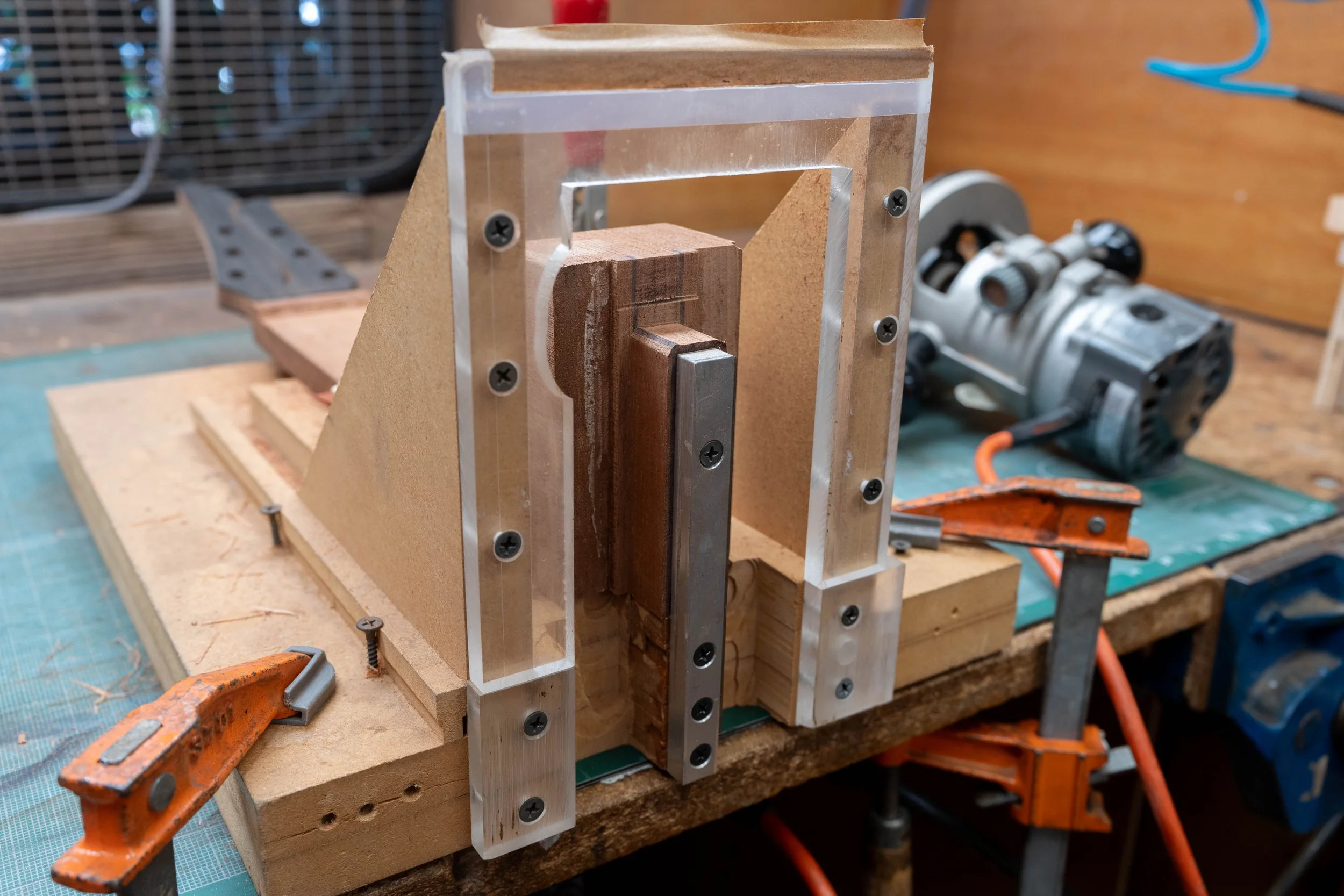 Routing the tenon on the neck. 